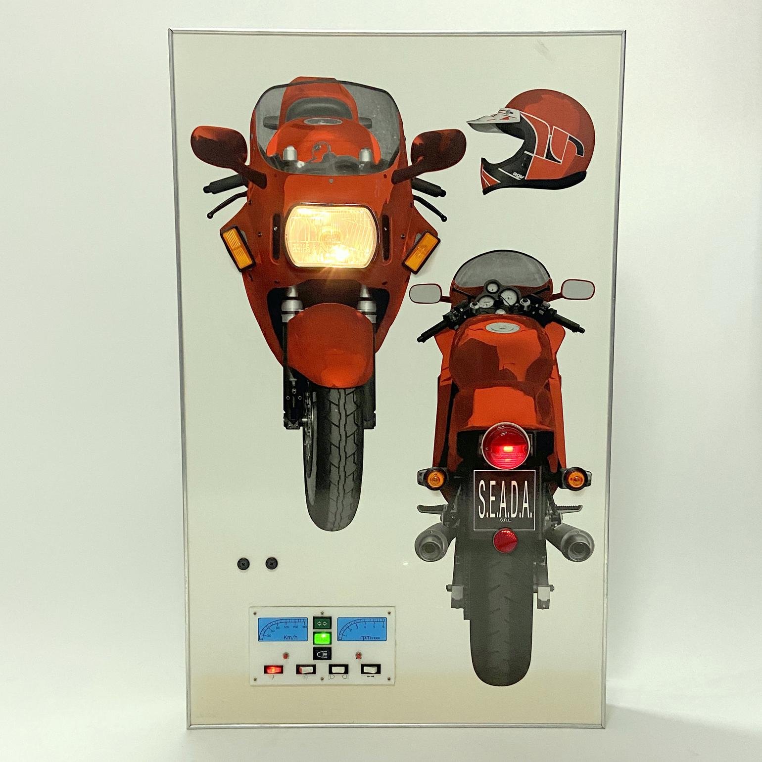 Chrome Wall Mounted Artwork with Motorbike Demonstrating Lights for Driving Instruction For Sale