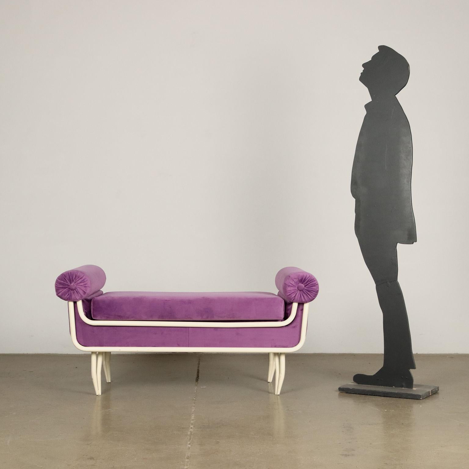 Wall-mounted stool, enamelled metal structure, foam padding, velvet upholstery.