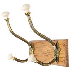 Wall Mounted Brass and Porcelain Hat and Coat Hooks