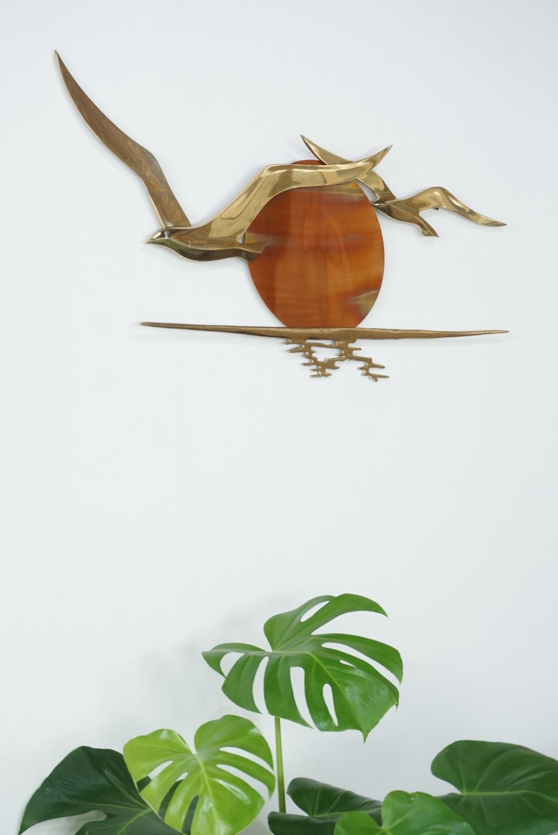 Mid-Century Modern Wall Mounted Brass Birds and Copper Sun 1950s Design by Bijan