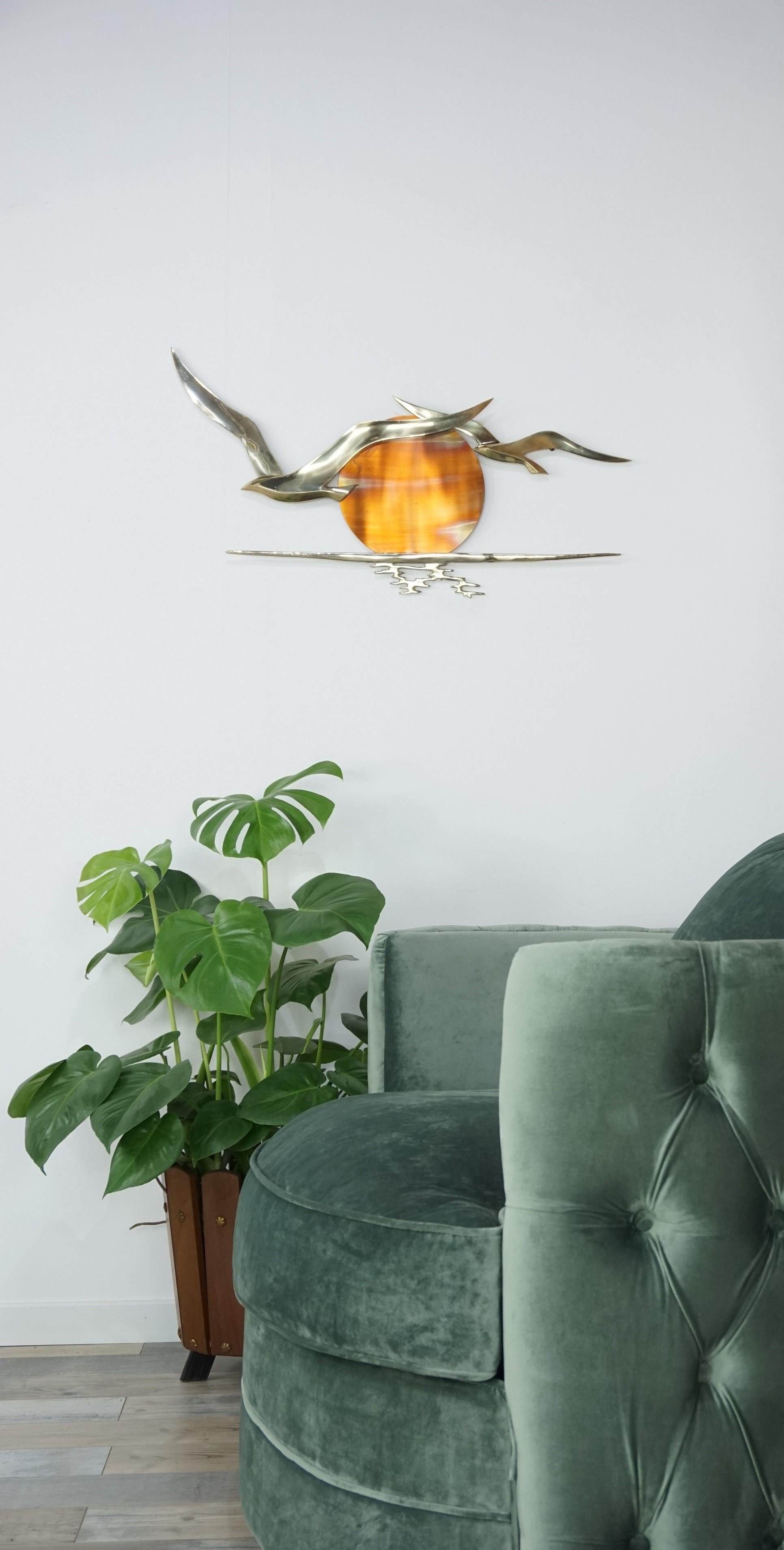 European Wall Mounted Brass Birds and Copper Sun 1950s Design by Bijan