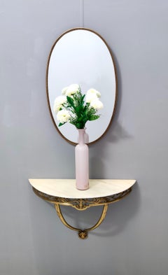 Wall-Mounted Brass Console Table with Demilune Portuguese Pink Marble Top, Italy