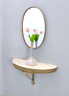 Wall-Mounted Brass Console Table with Demilune Portuguese Pink Marble Top, Italy