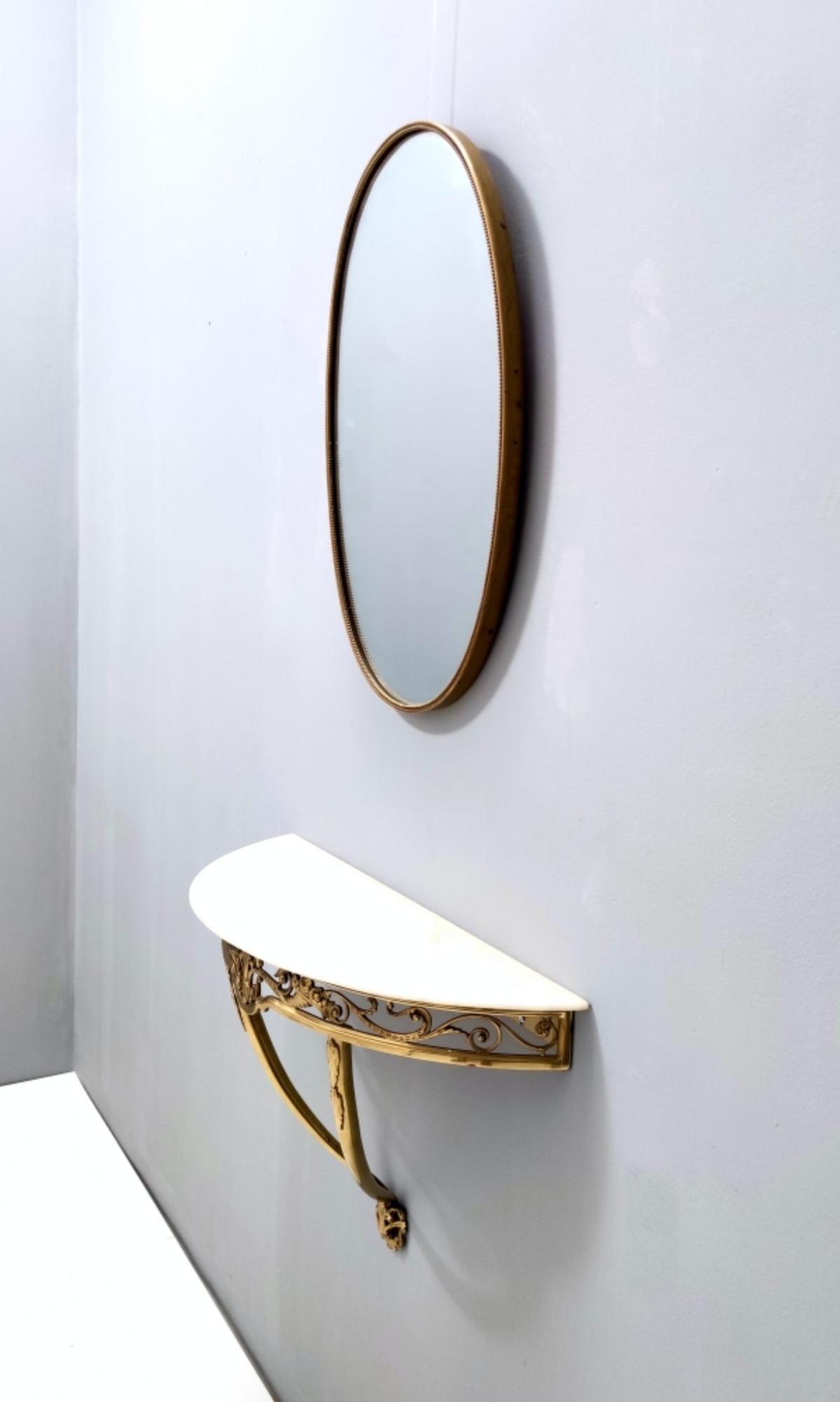 Mid-Century Modern Wall-Mounted Brass Console Table with Demilune Portuguese Pink Marble Top, Italy