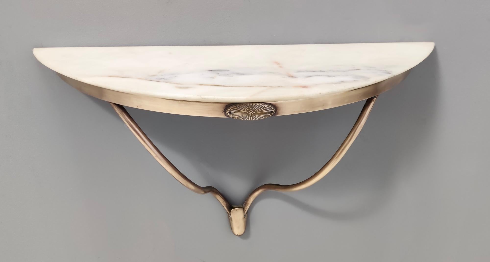 Mid-Century Modern Wall-Mounted Brass Console Table with Demilune Portuguese Pink Marble Top, Italy