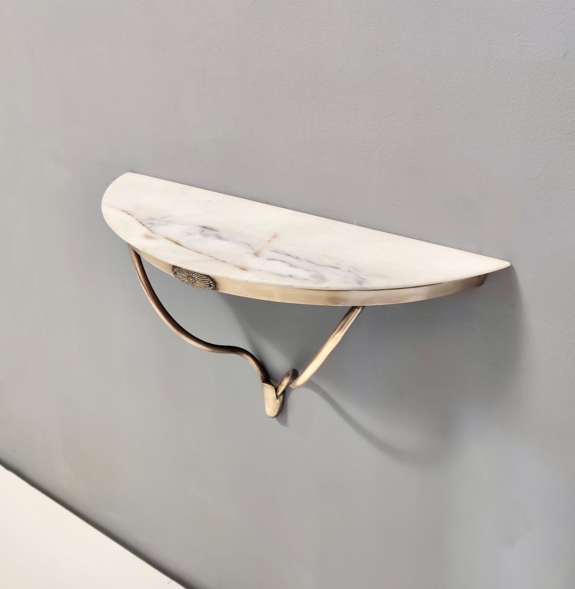 Italian Wall-Mounted Brass Console Table with Demilune Portuguese Pink Marble Top, Italy