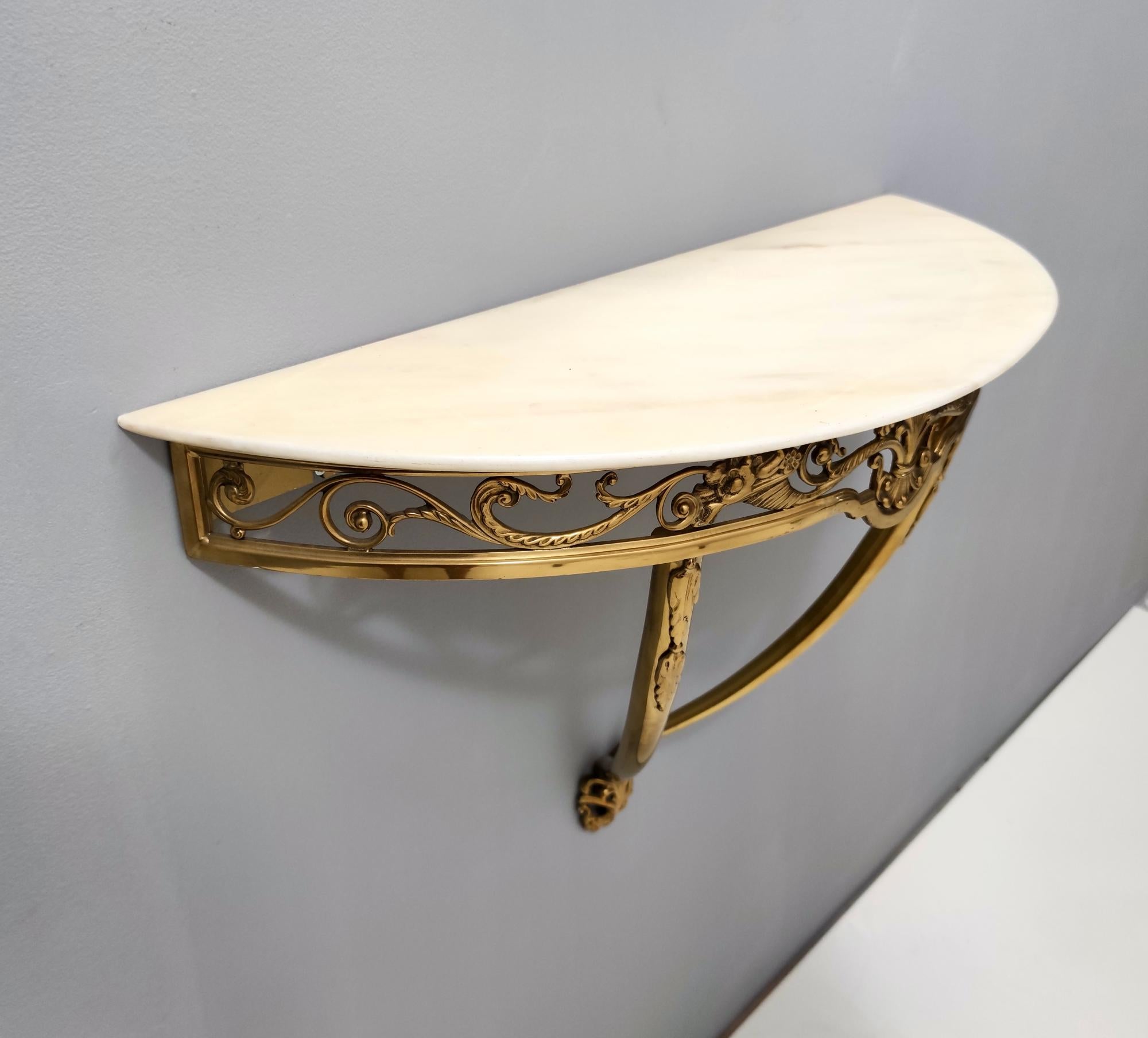 Mid-20th Century Wall-Mounted Brass Console Table with Demilune Portuguese Pink Marble Top, Italy