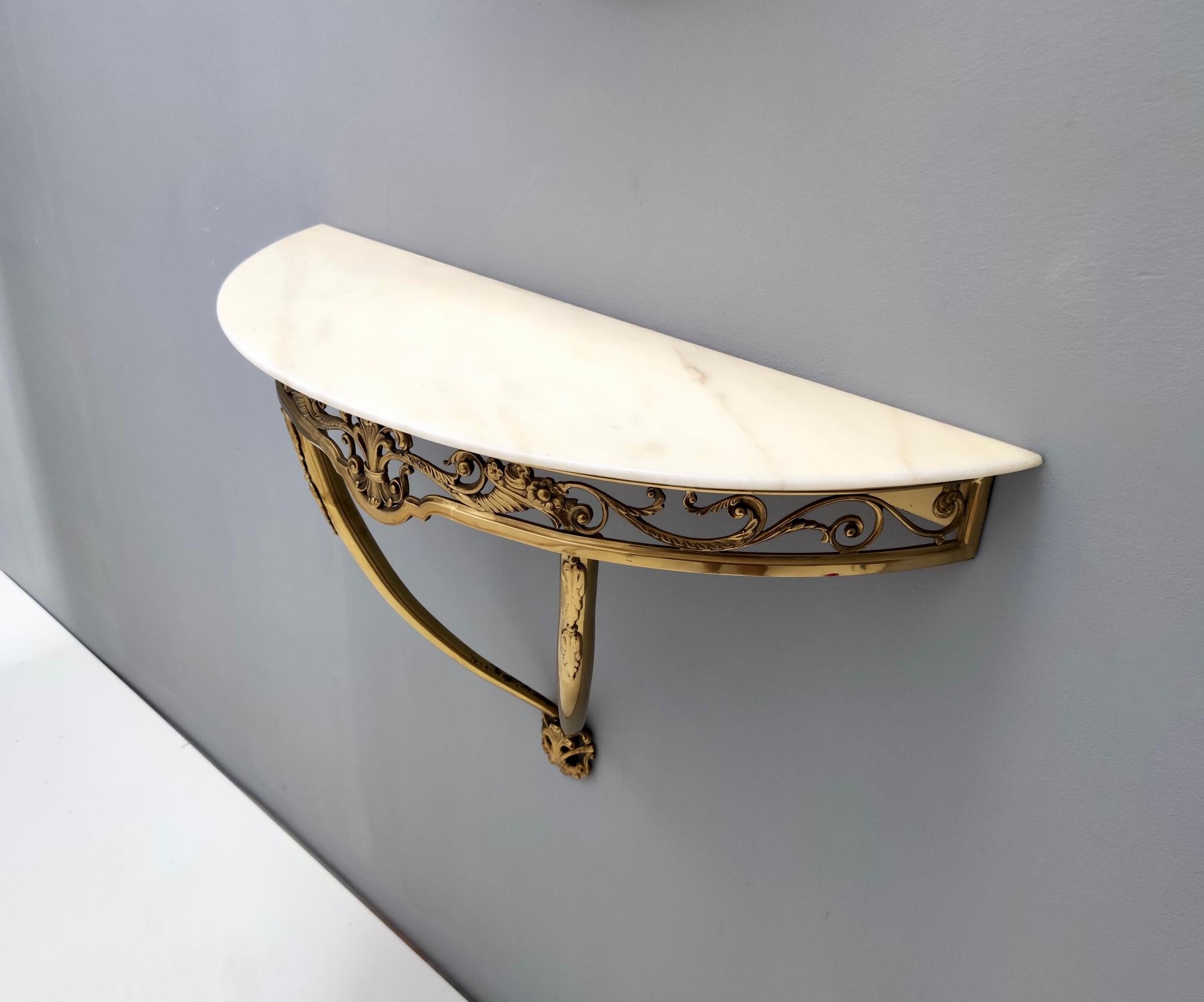 Wall-Mounted Brass Console Table with Demilune Portuguese Pink Marble Top, Italy 1