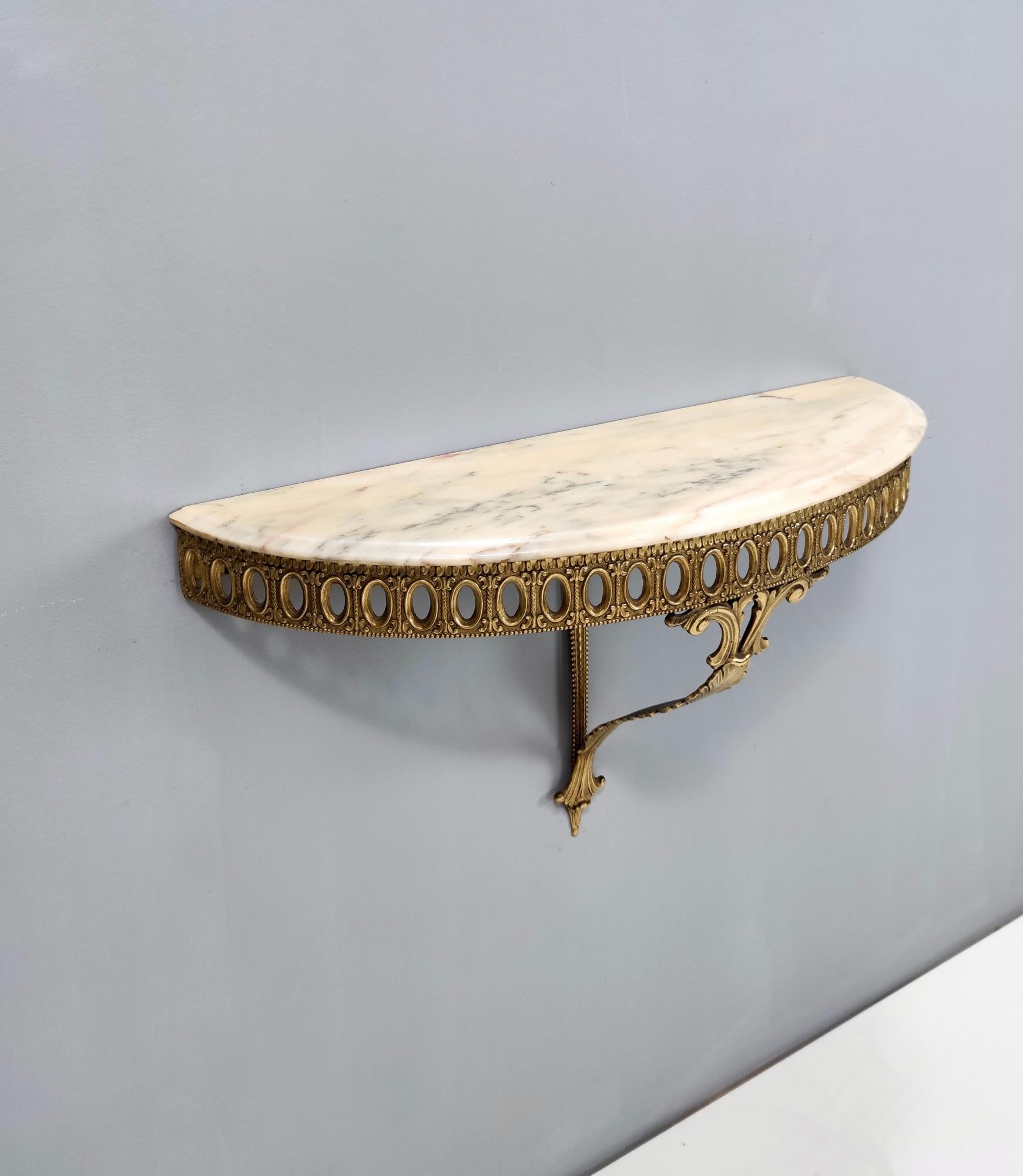Italian Wall-Mounted Brass Console Table with Demilune Portuguese Pink Marble Top, Italy