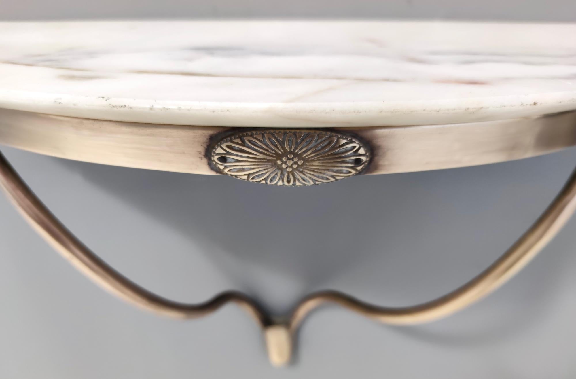 Wall-Mounted Brass Console Table with Demilune Portuguese Pink Marble Top, Italy 1