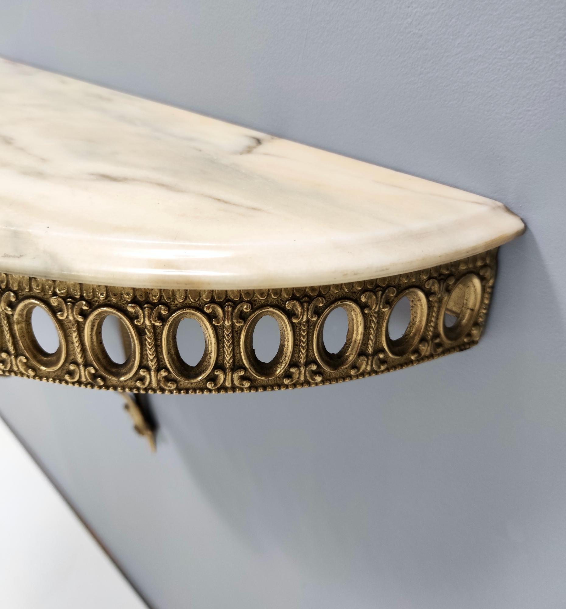 Mid-20th Century Wall-Mounted Brass Console Table with Demilune Portuguese Pink Marble Top, Italy