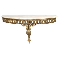 Wall-Mounted Brass Console Table with Demilune Portuguese Pink Marble Top, Italy