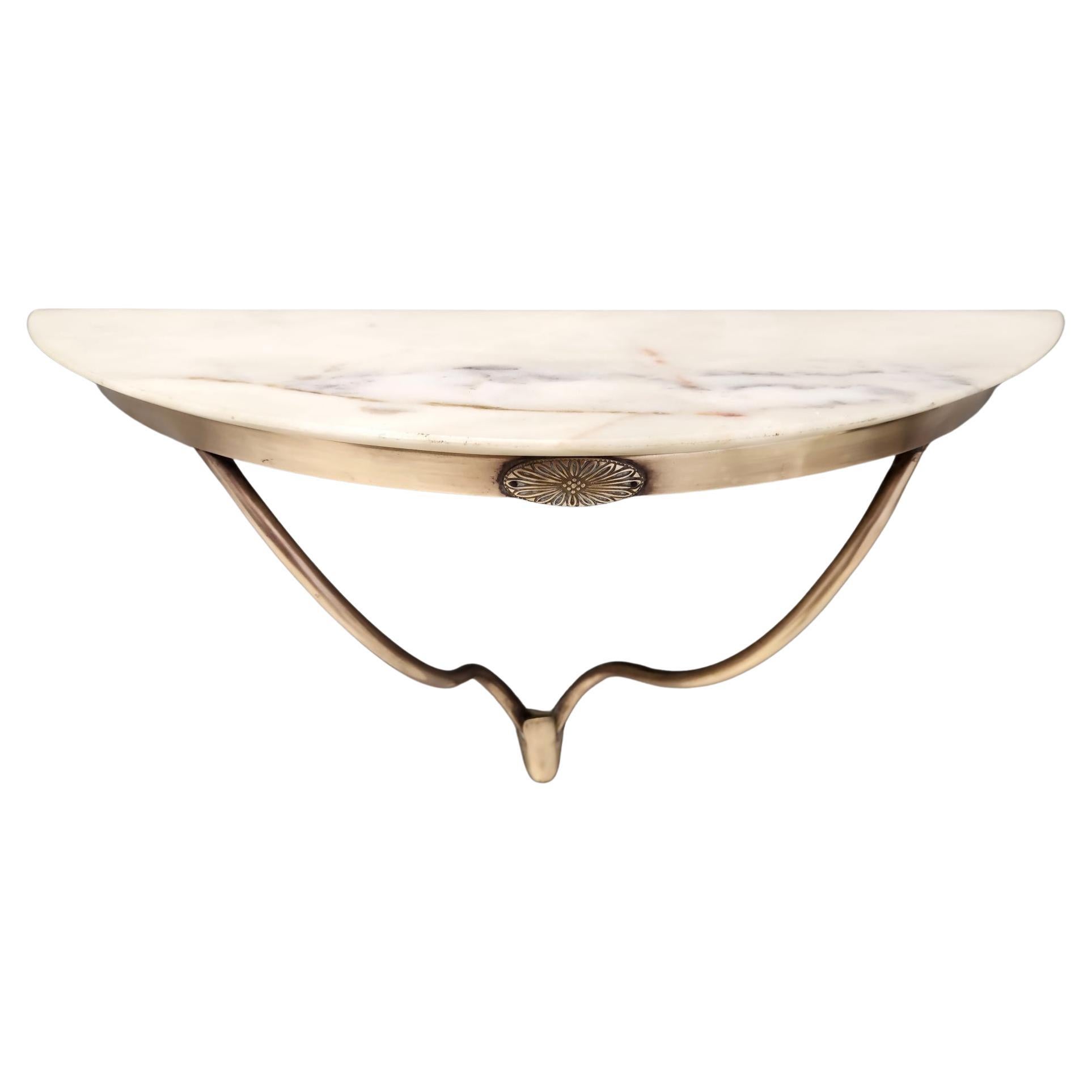 Wall-Mounted Brass Console Table with Demilune Portuguese Pink Marble Top, Italy