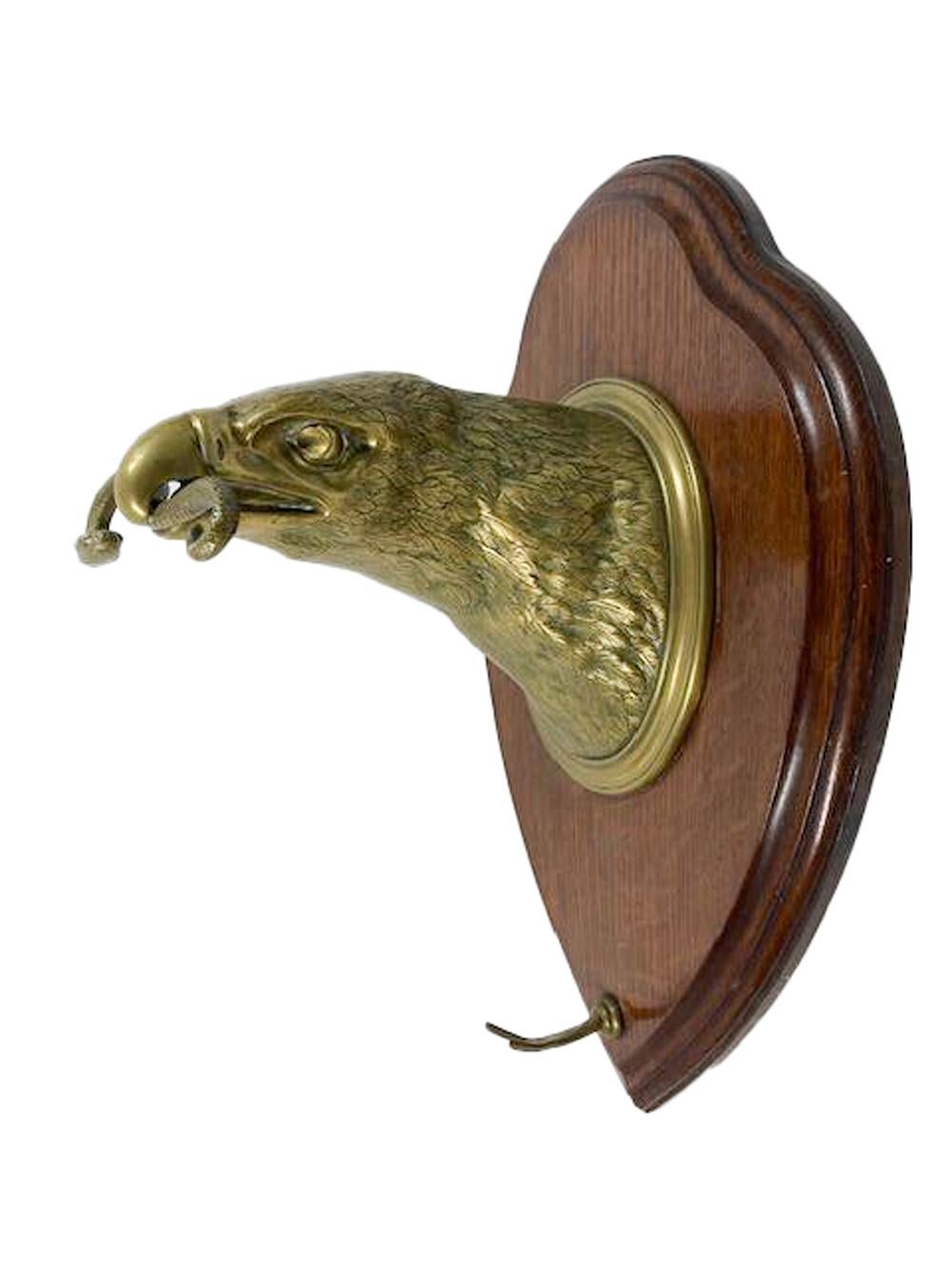 Wall Mounted Brass Eagle Head on Oak Plaque Holding a Dinner Gong by Wm. Tonks For Sale 5