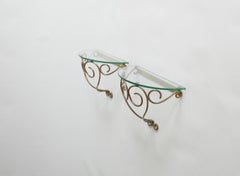 Wall-Mounted Brass Nightstands or Console with Demilune Glass Top, Italy, 1950s