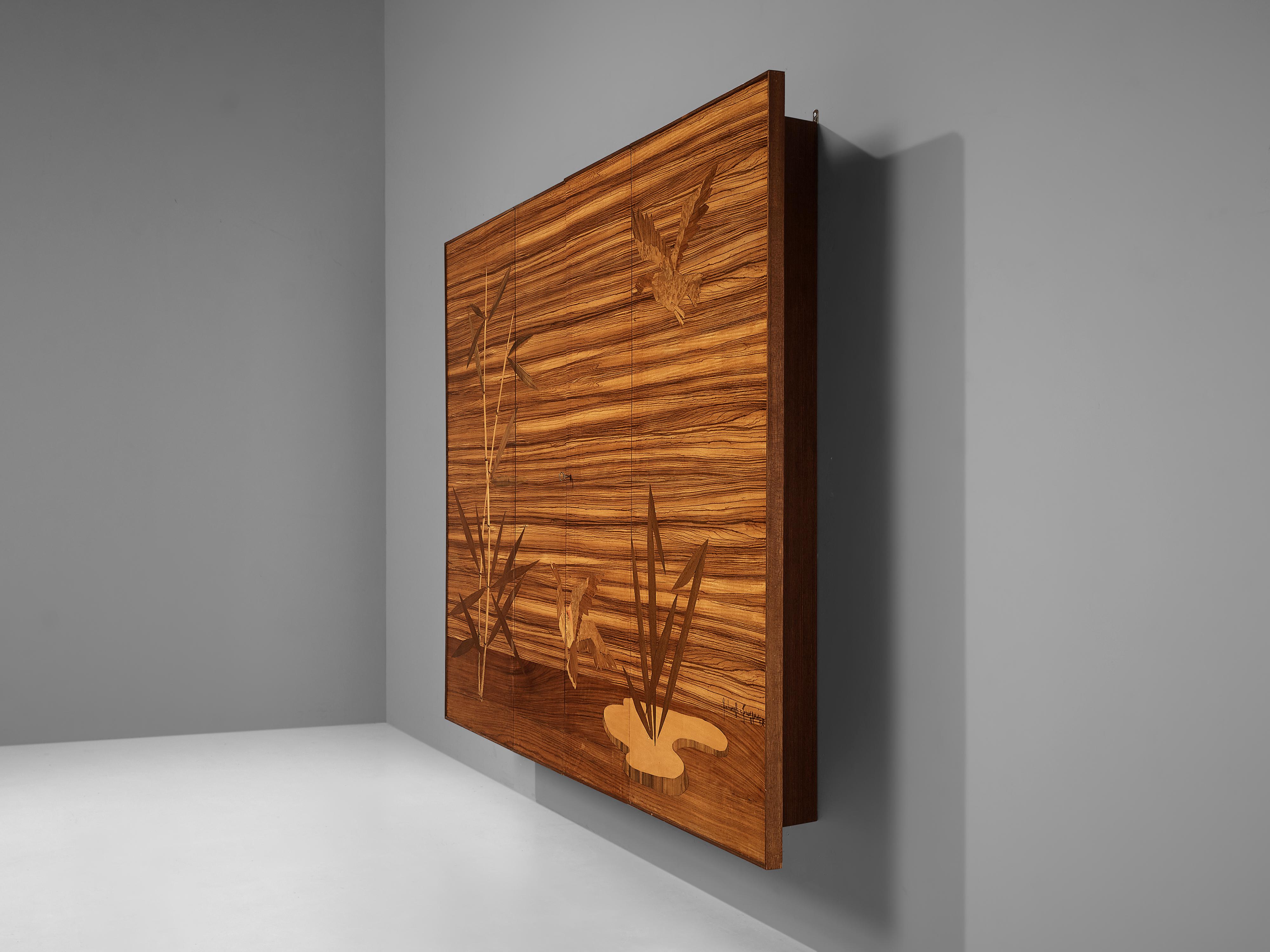 Italian Wall-Mounted Cabinet with Figurative Marquetry Doors in Walnut