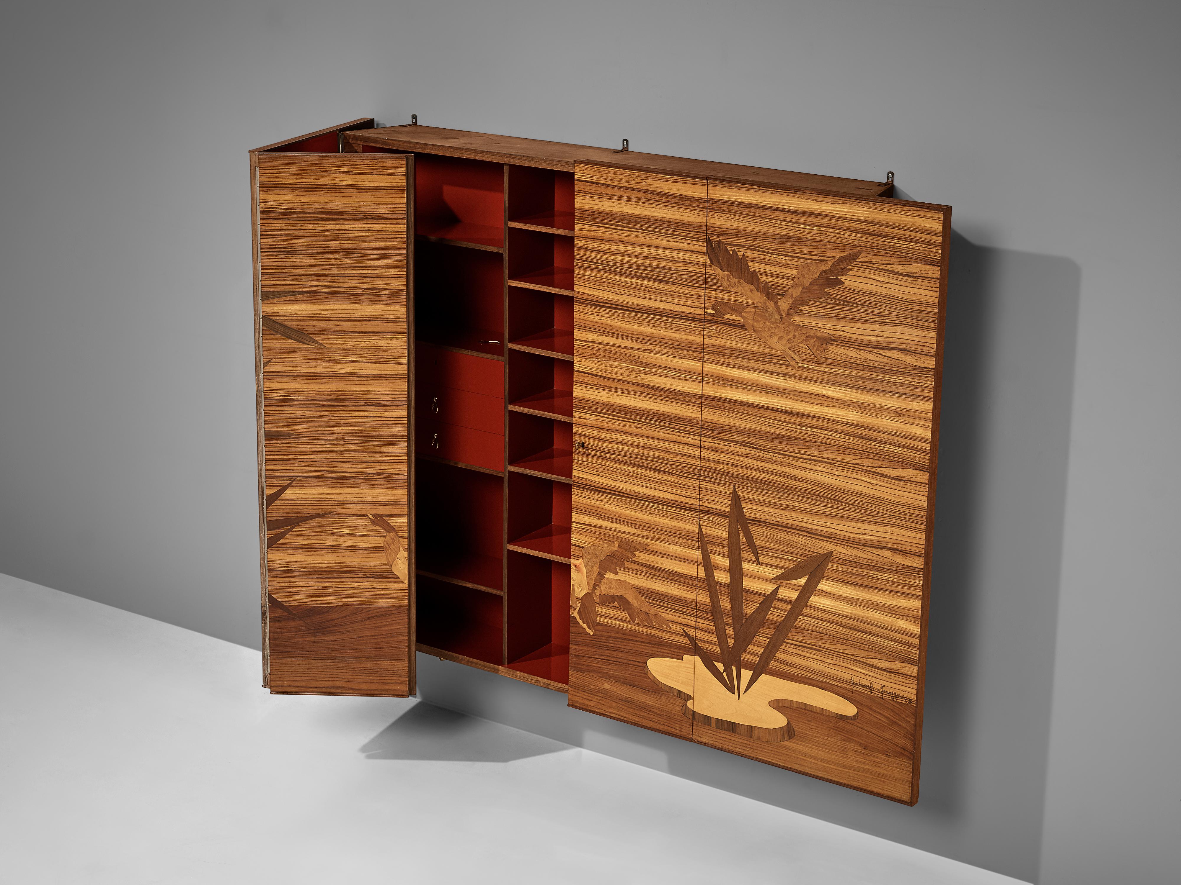 Mid-20th Century Wall-Mounted Cabinet with Figurative Marquetry Doors in Walnut