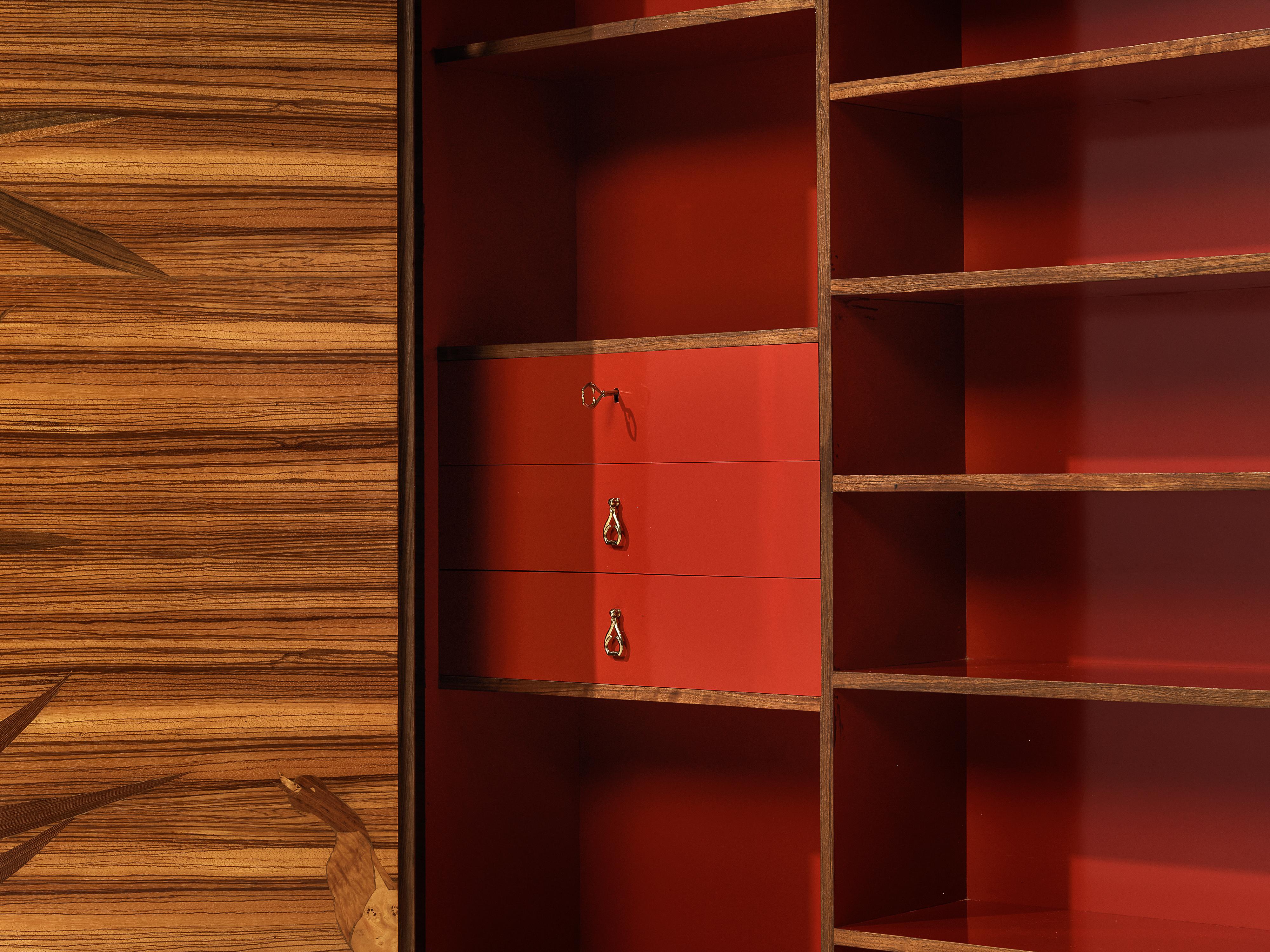 Brass Wall-Mounted Cabinet with Figurative Marquetry Doors in Walnut
