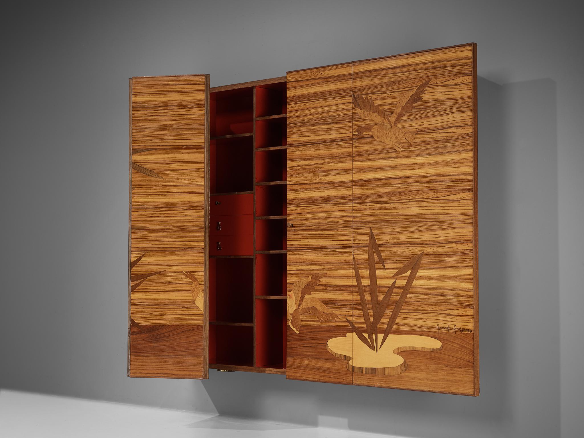 Wall-Mounted Cabinet with Figurative Marquetry Doors in Walnut 2