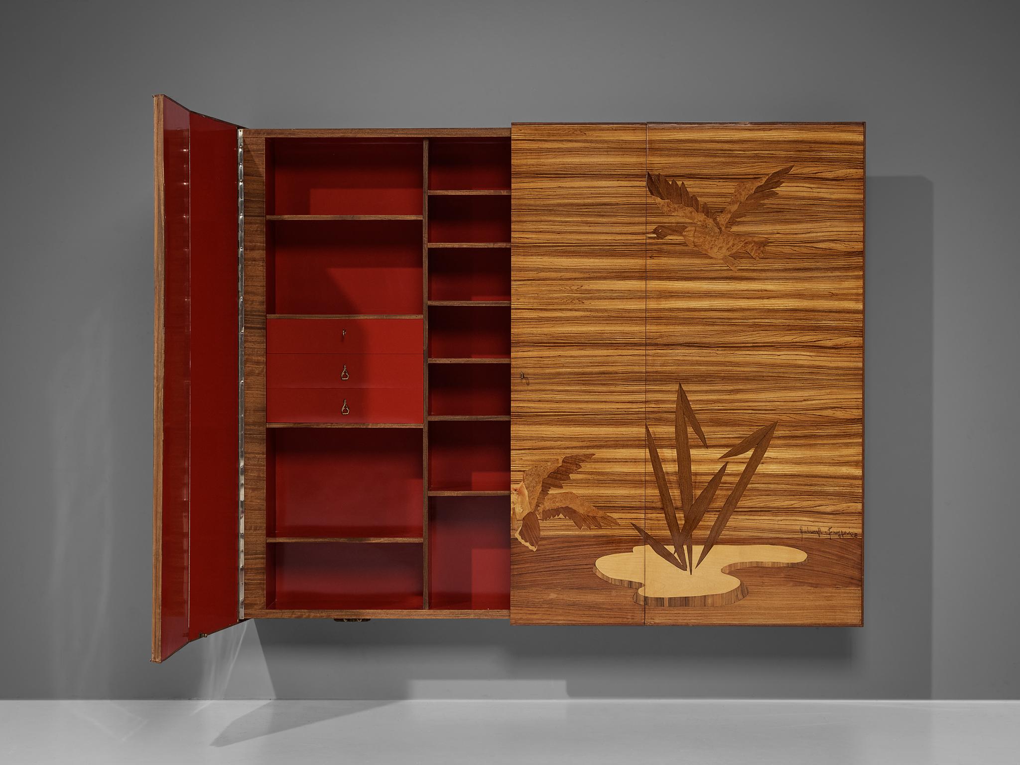 Wall-Mounted Cabinet with Figurative Marquetry Doors in Walnut 3
