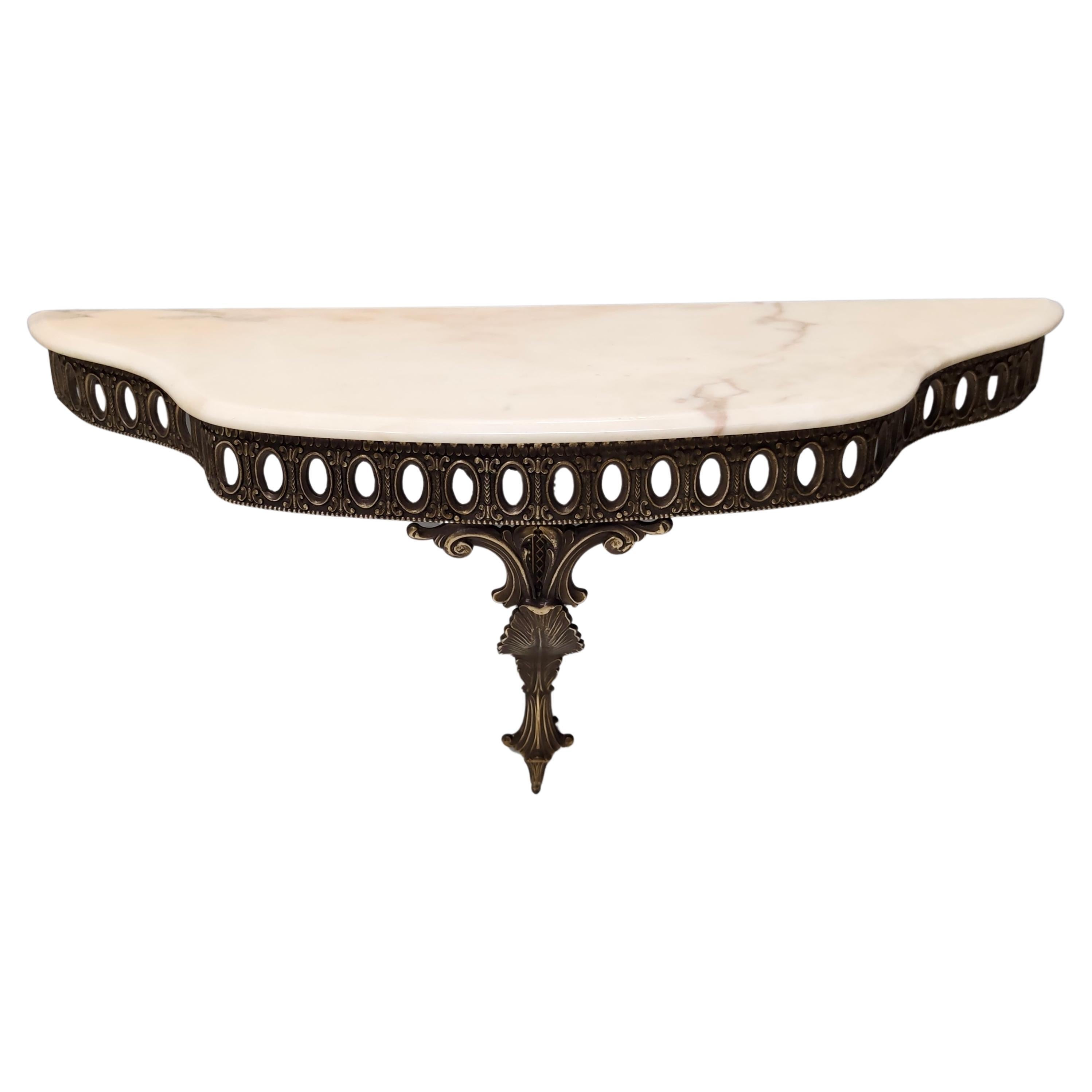 Wall-Mounted Cast Brass Console Table with Portuguese Pink Marble Top, Italy