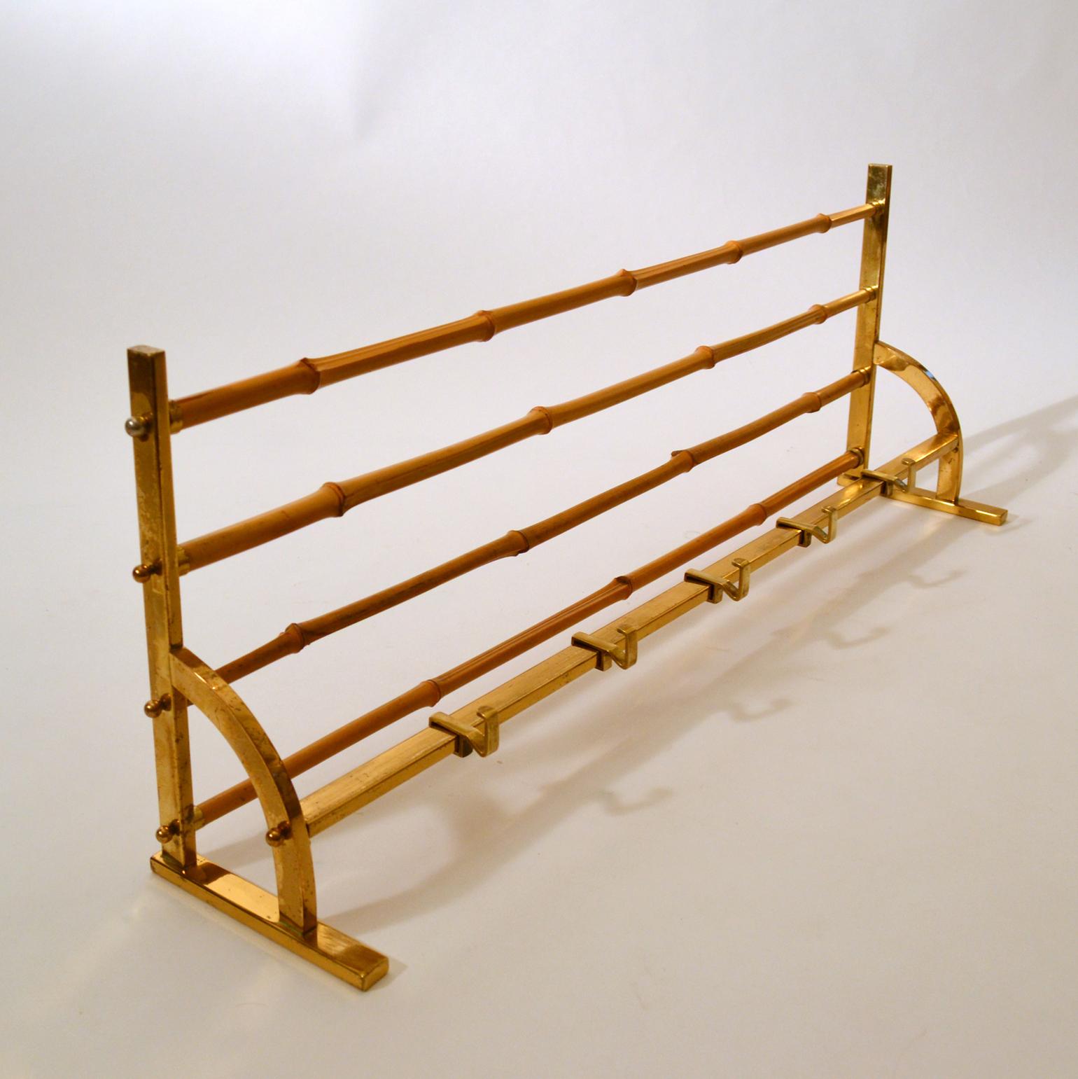 Mid-Century Modern Wall Mounted Coat Rack in Brass with Bamboo Hat Rack from the 1950s