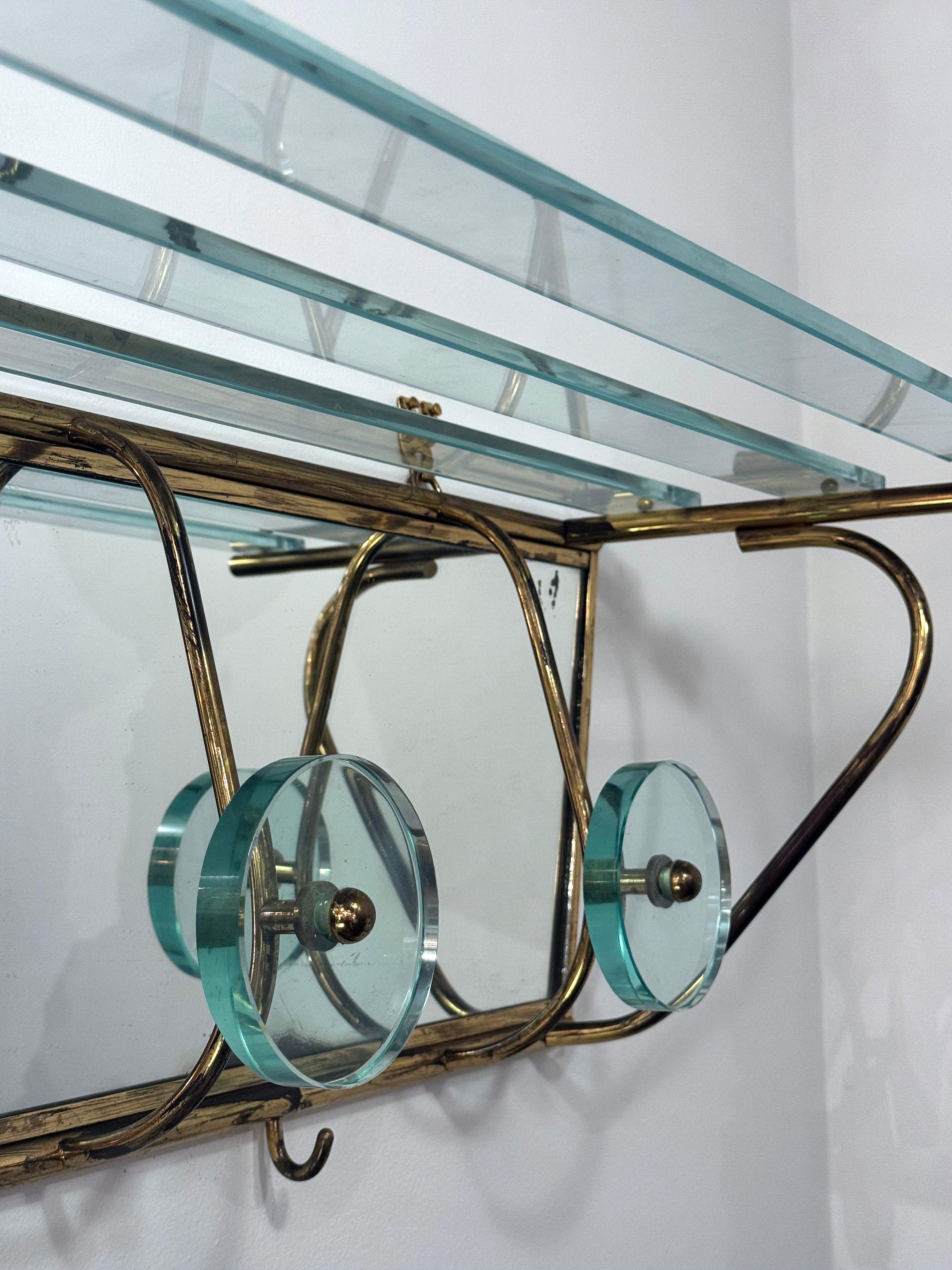 Italian Wall-Mounted Coat Rack in Polished Brass and Thick Crystal For Sale