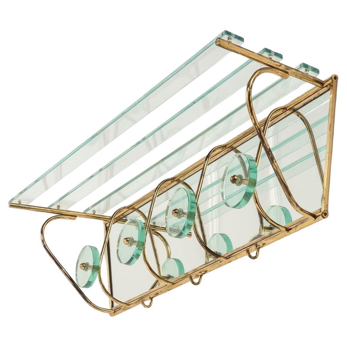 Wall-Mounted Coat Rack in Polished Brass and Thick Crystal For Sale