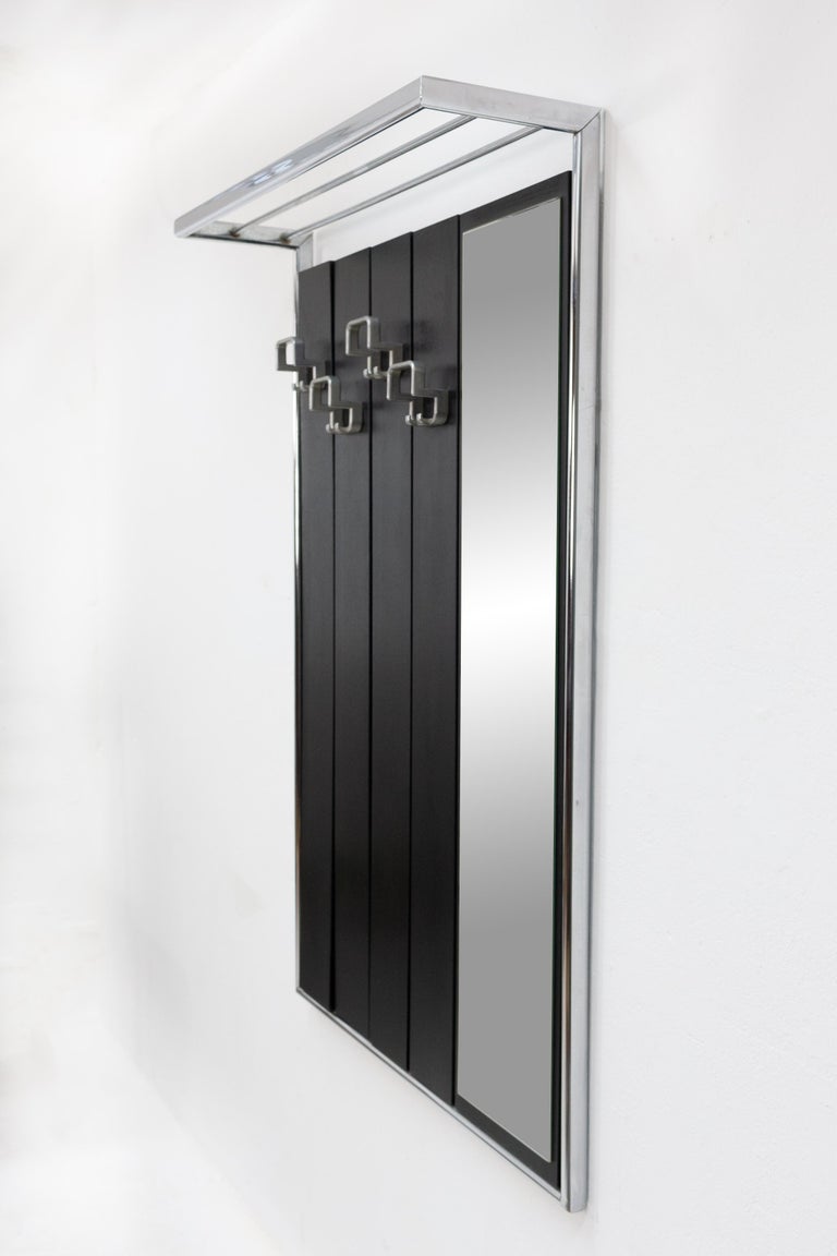WallMounted Coat Rack with Mirror, Ebonized Wood and Chrome, 1970s at