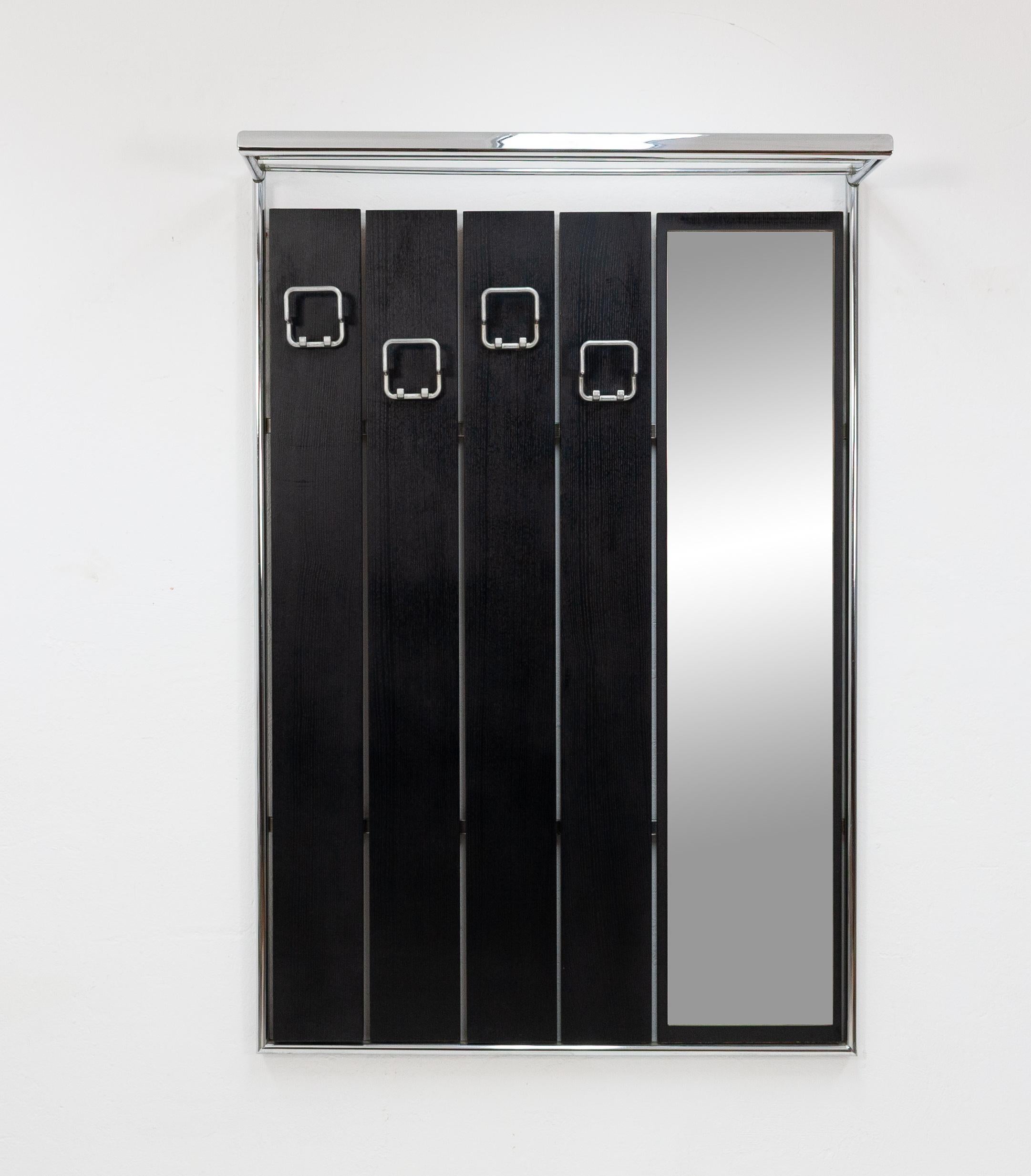 Dutch Wall-Mounted Coat Rack with Mirror, Ebonized Wood and Chrome, 1970s