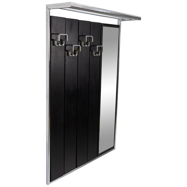 Wall Mounted Coat Rack With Mirror Ebonized Wood And Chrome 1970s