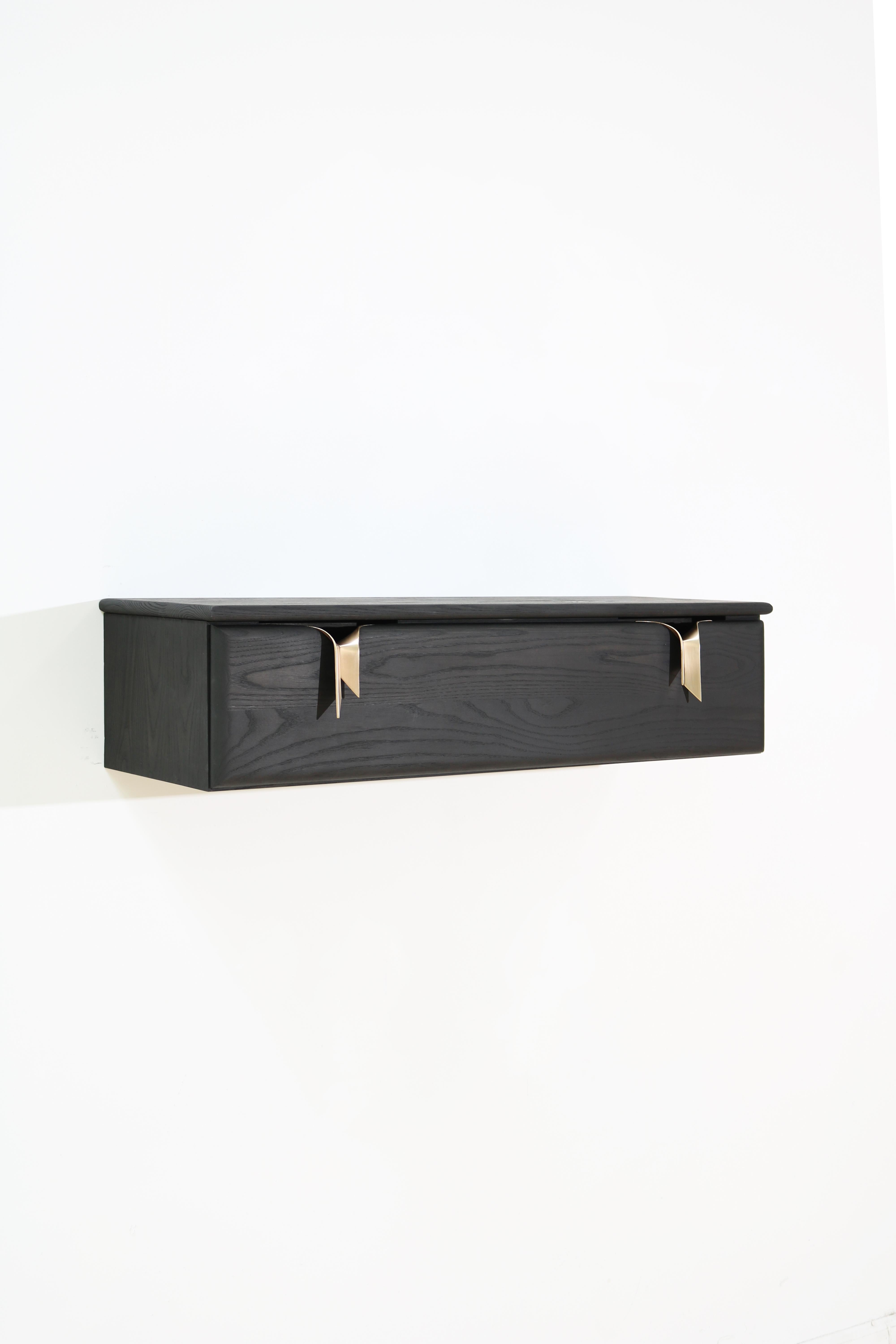 Modern Wall Mounted Console Drawer, Black Wood & Bronze Ribbon Hardware by Debra Folz For Sale