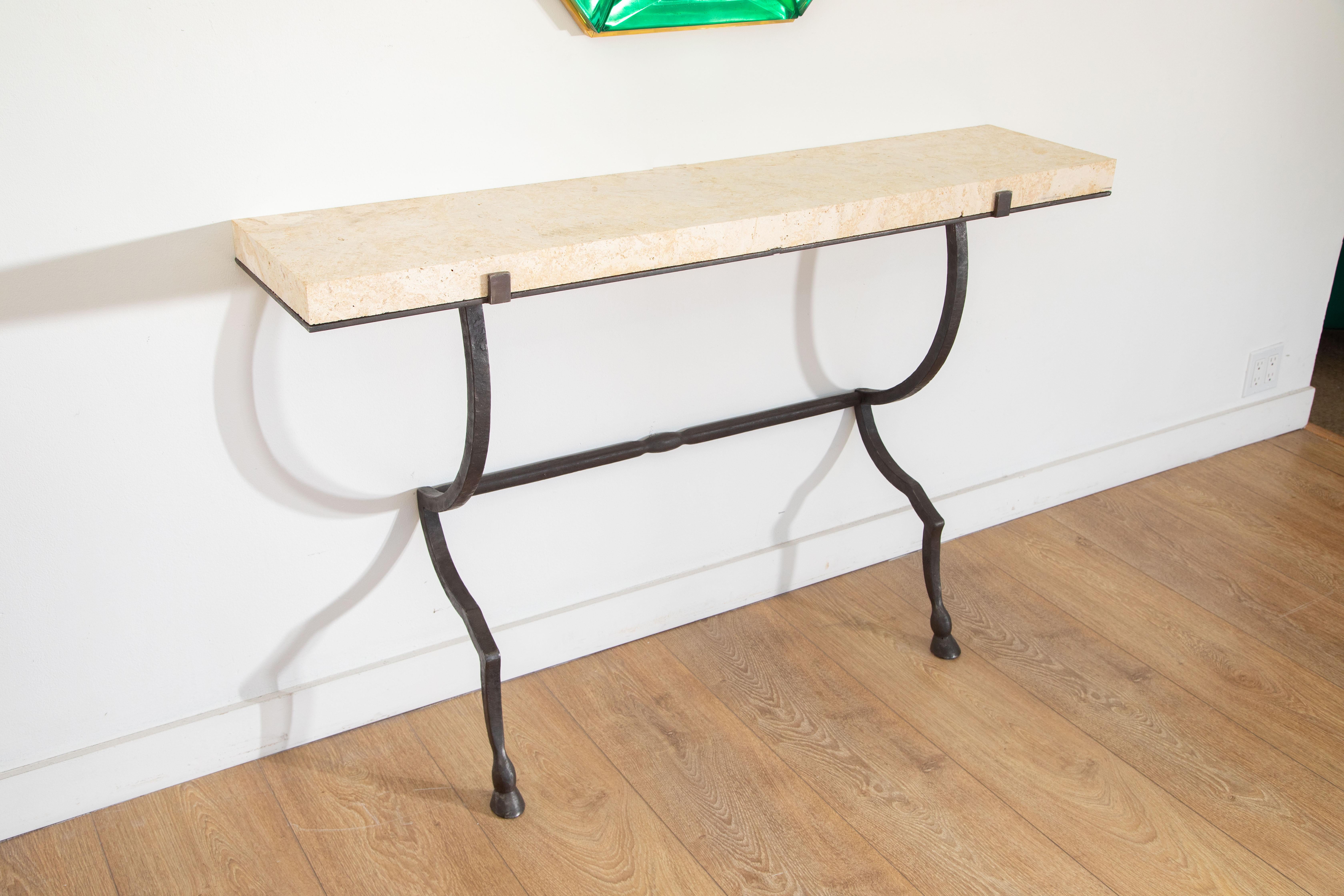 Neoclassical Wall-Mounted Console Hammered Metal with Coral Stone Top, in stock