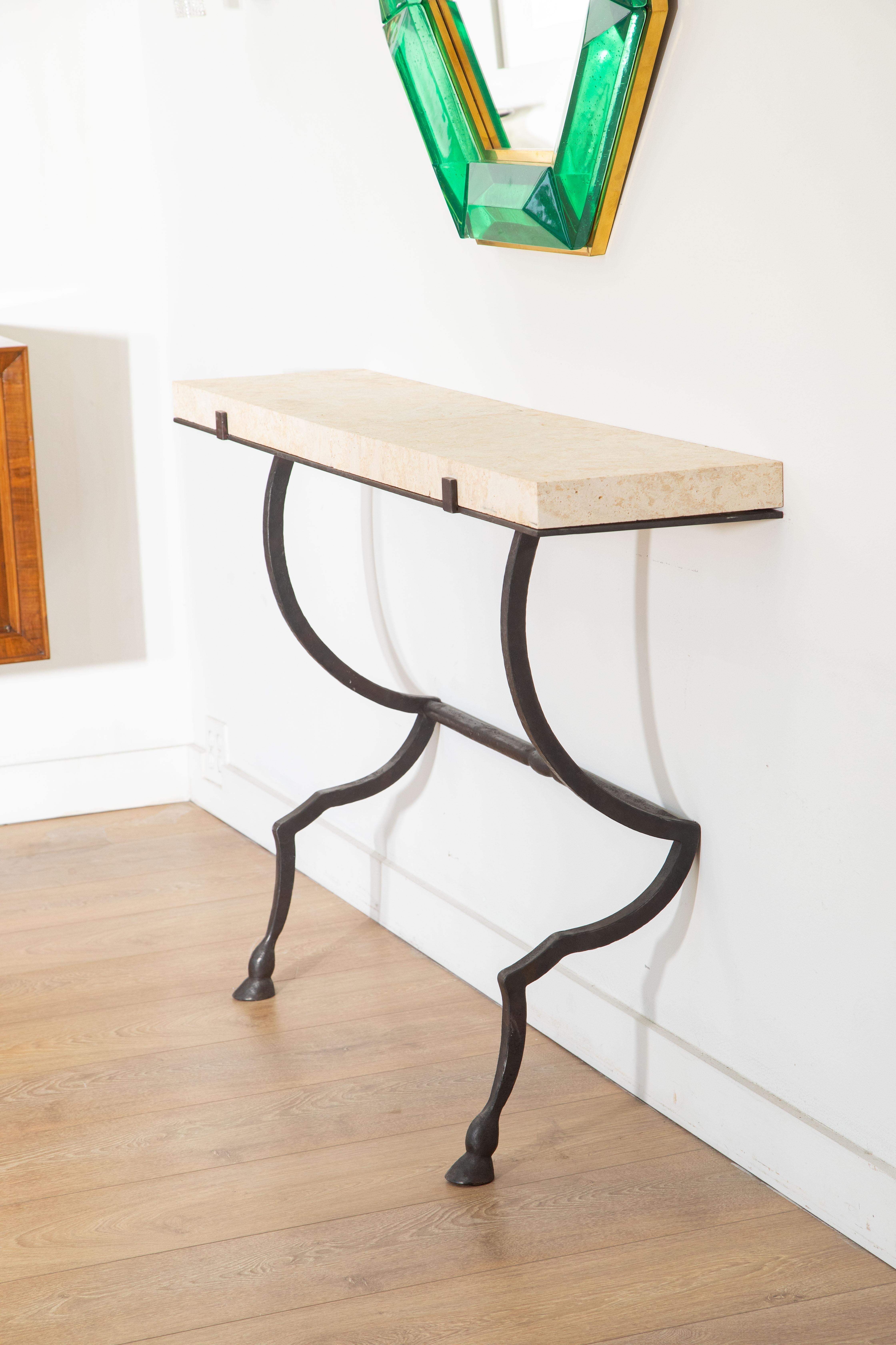 Wall-Mounted Console Hammered Metal with Coral Stone Top, in stock In Excellent Condition In Miami, FL
