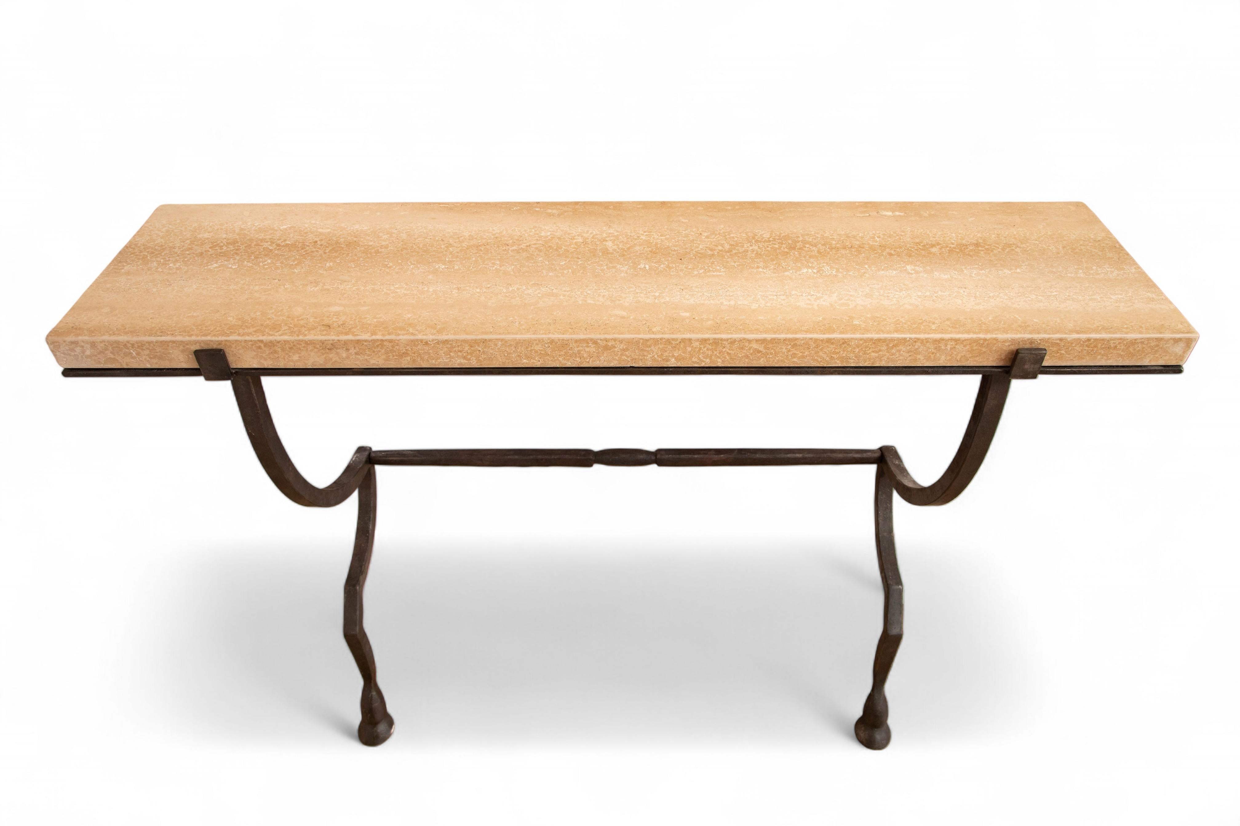 Wall-Mounted Console Hammered Metal with Travertine Top, in stock (Metall) im Angebot