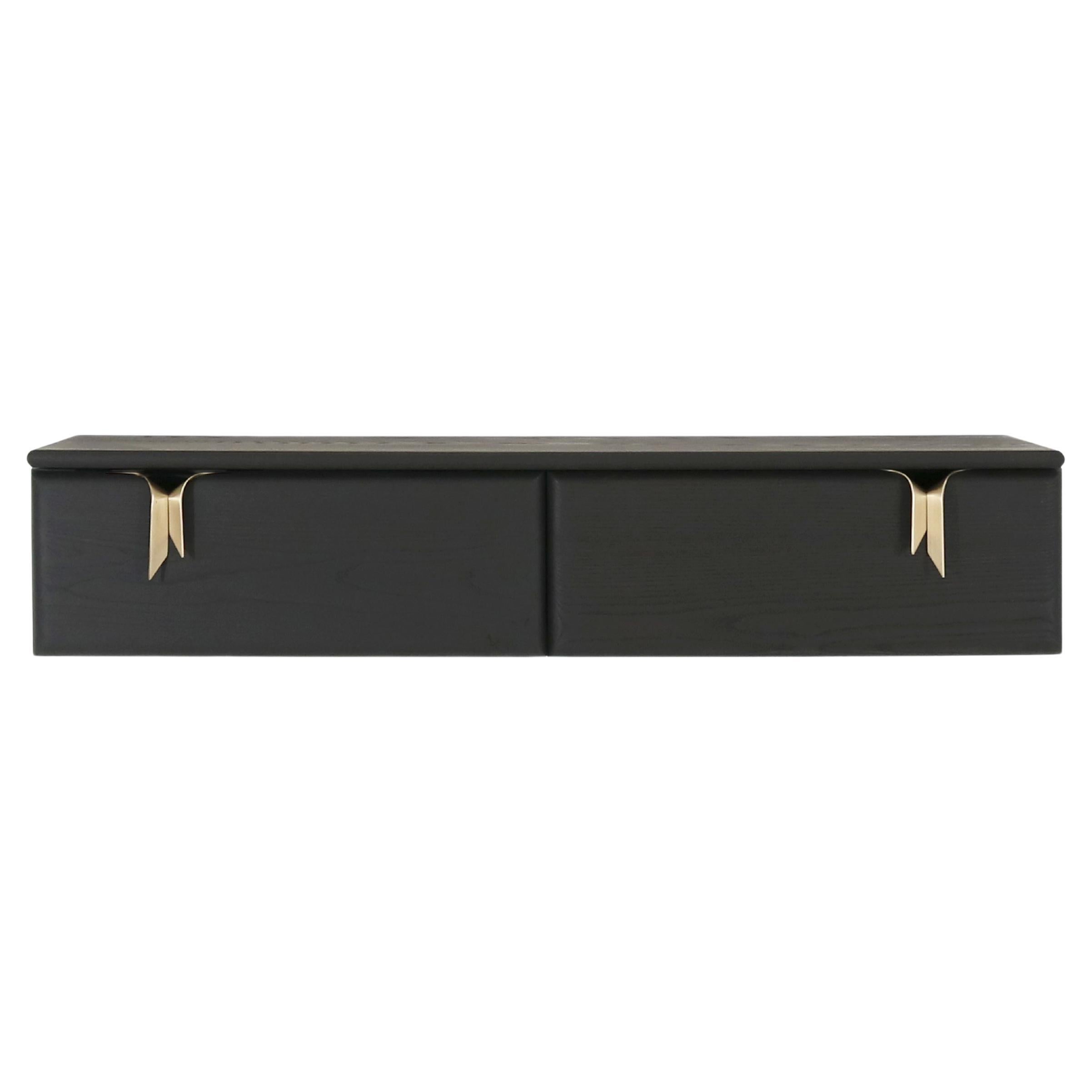 Wall Mounted Console, Black Ash Wood & Bronze Ribbon Hardware by Debra Folz For Sale