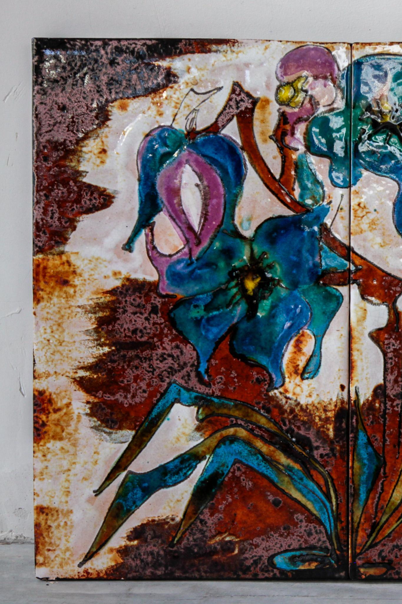 Wandbehang Dekorative blaue Blumen-Keramikfliesen (Moderne der Mitte des Jahrhunderts) im Angebot