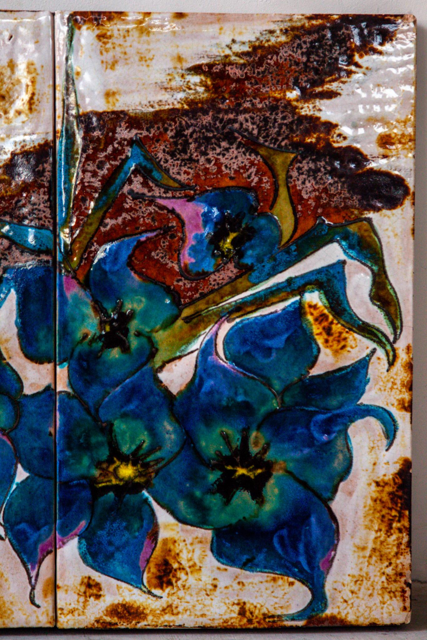 German Wall Mounted Decorative Blue Flower Ceramic Tile Hanging For Sale