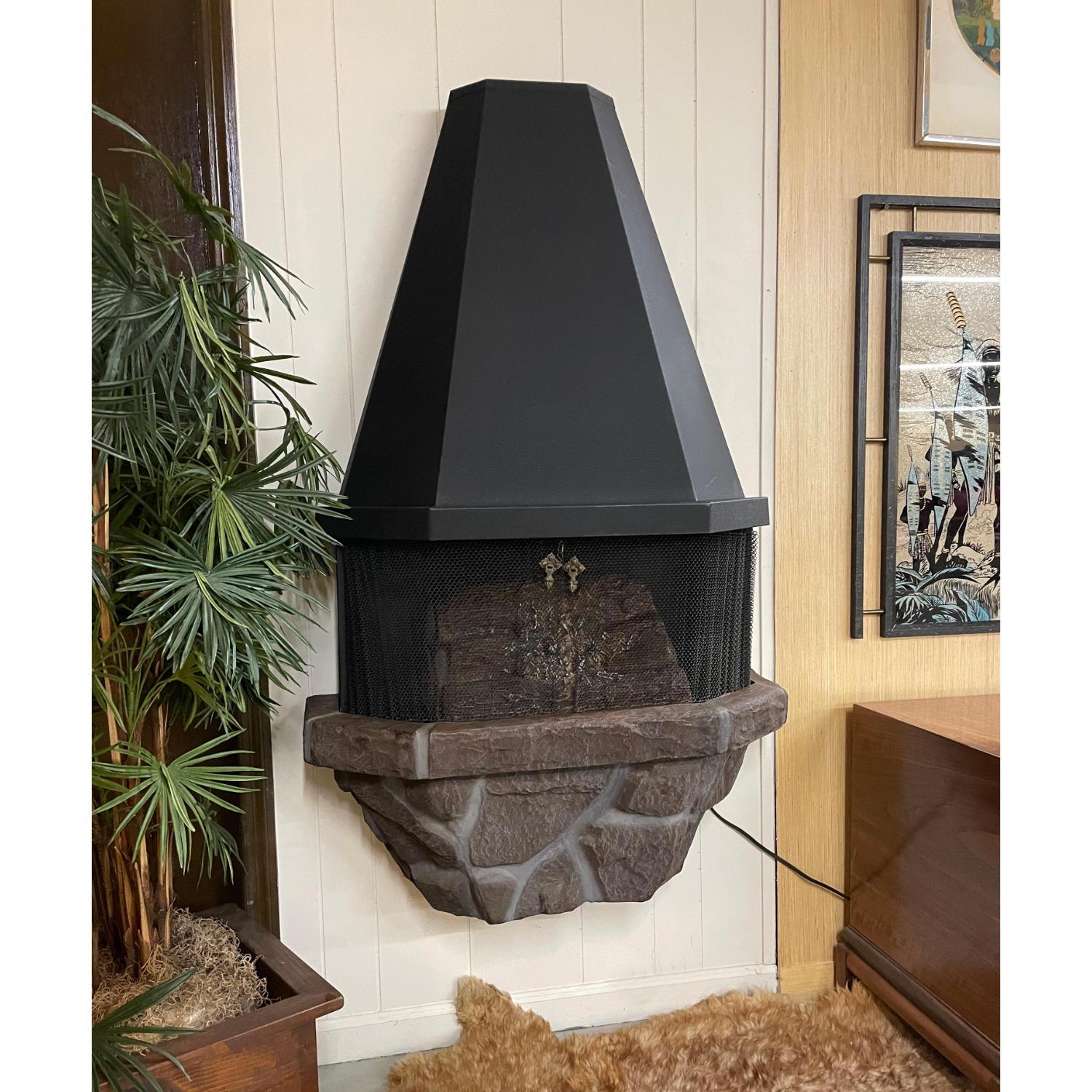 Mid-Century Modern Mid-Century Wall Mounted Faux Stone Electric Fireplace with Space Heater For Sale