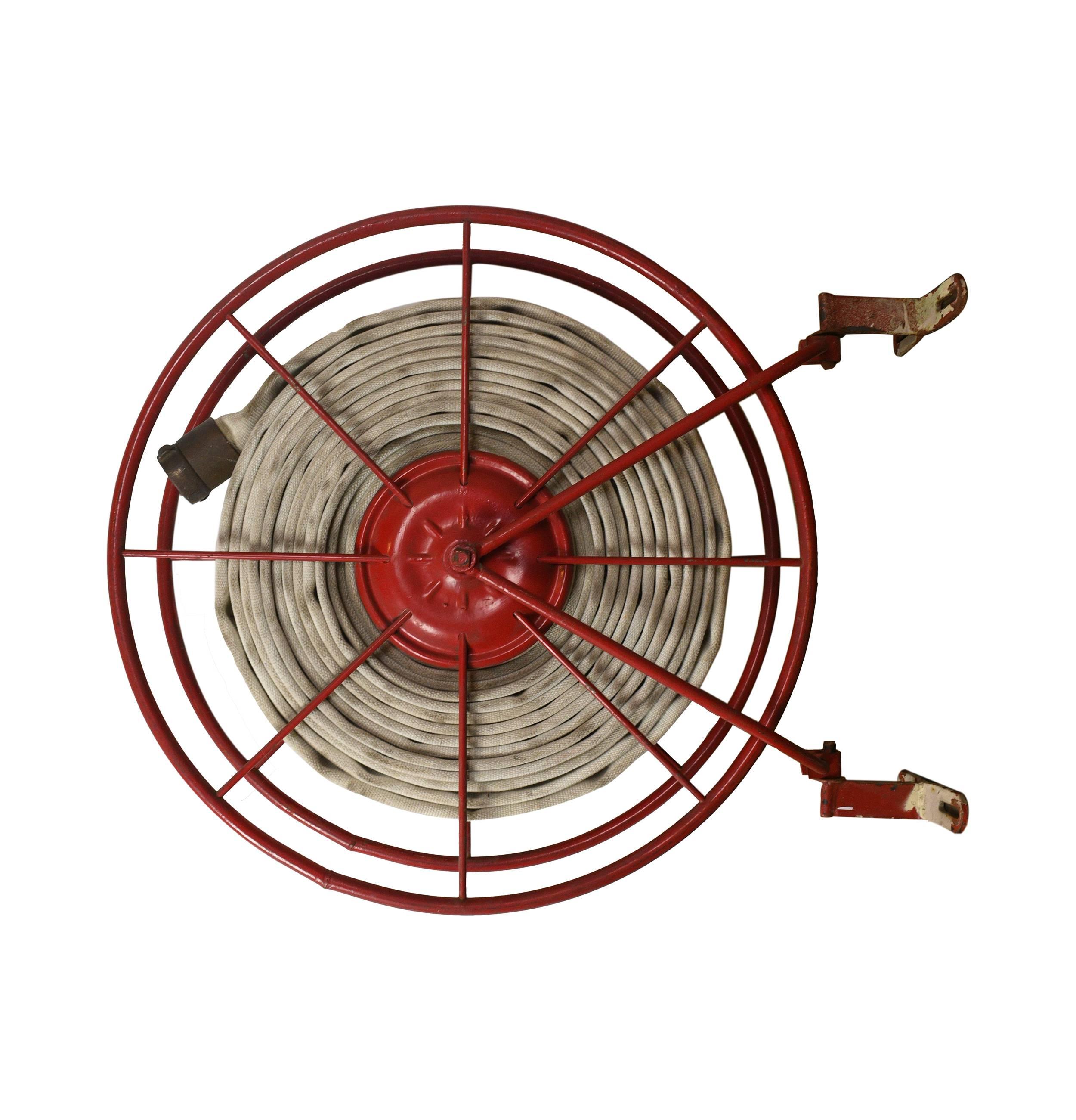 Fire hose reel with original red paint and fabric hose. Great for display purposes, or retrofit it and have the biggest, baddest garden hose on the block. 

We have eight reels available, sold separately. The hoses range between 50 and 75