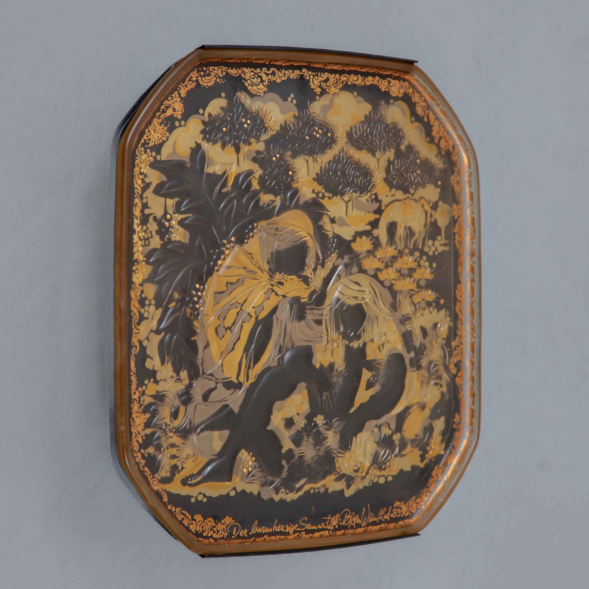 Art Glass Wall mounted Frosted Glass Art object with the Parable of the Good Samaritan For Sale