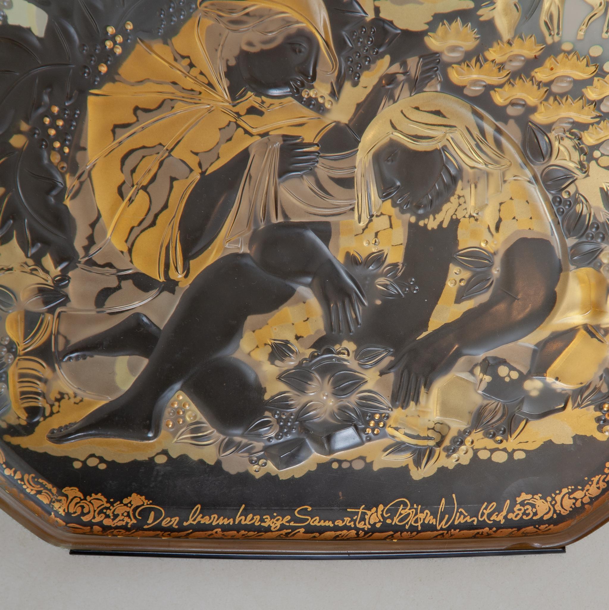 Wall mounted Frosted Glass Art object with the Parable of the Good Samaritan For Sale 1