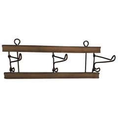 Antique Wall-Mounted Hanger, circa 1900 with Wooden Base and Folding Iron Pegs, Original