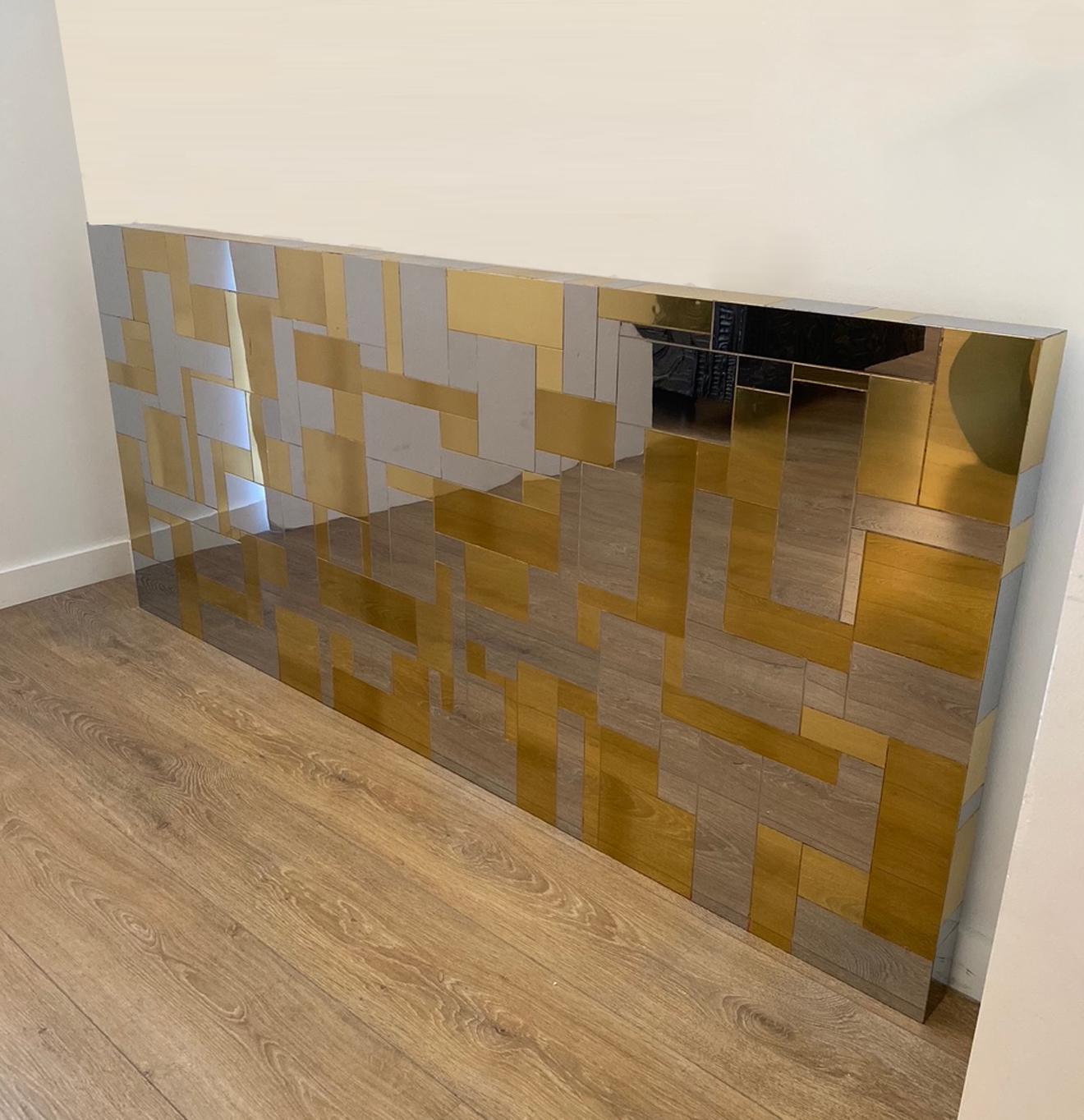 Rare and unusual wall mounted headboard by Paul Evans
Brass and chrome mosaic patchwork, Cityscape Collection for Directional 1975
 Mounts with two French cleats (provided)
Will accommodate up to a King mattress (76