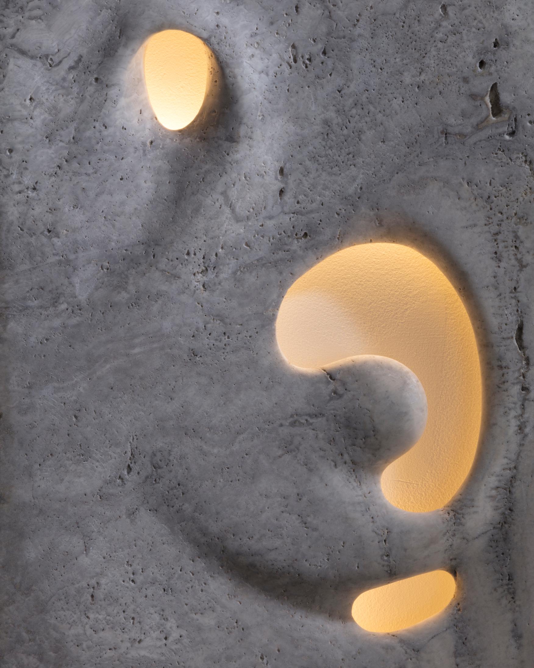 American Wall Mounted Illuminated Sculpture in White Travertine by Rogan Gregory, 2016