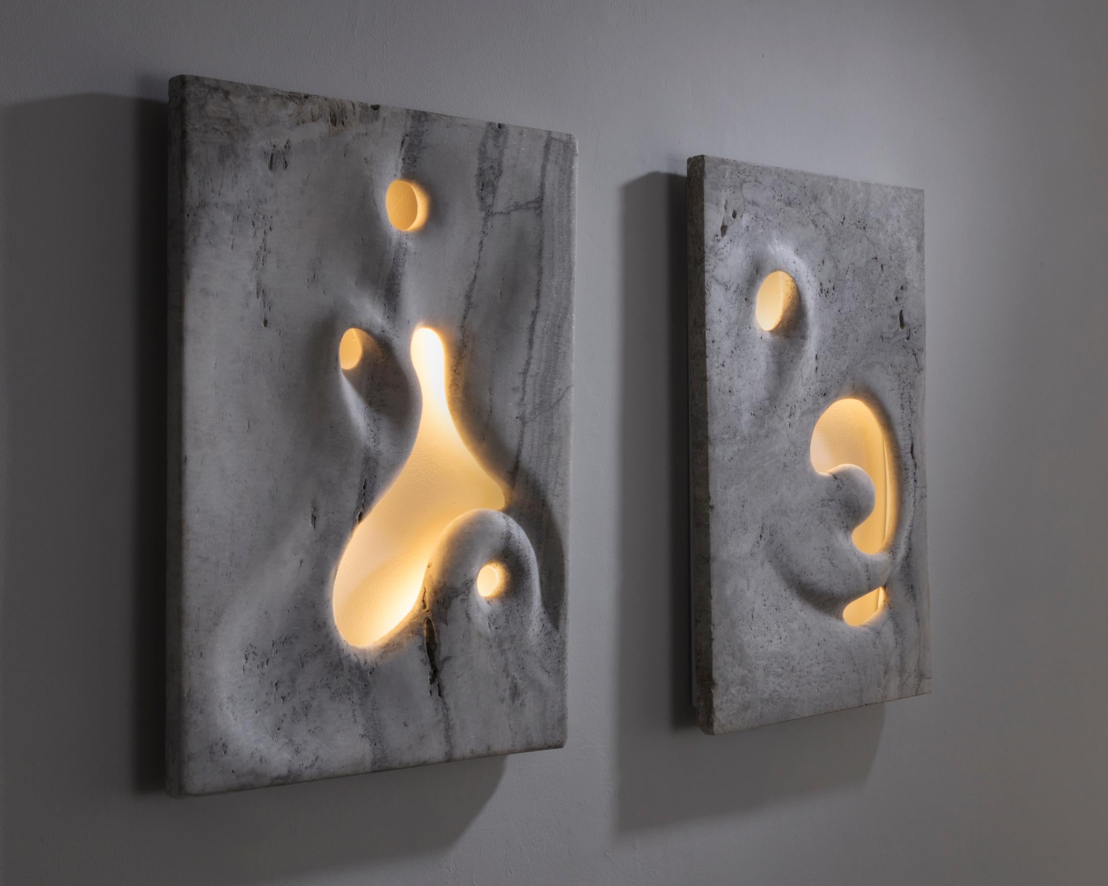 Contemporary Wall Mounted Illuminated Sculpture in White Travertine by Rogan Gregory, 2016