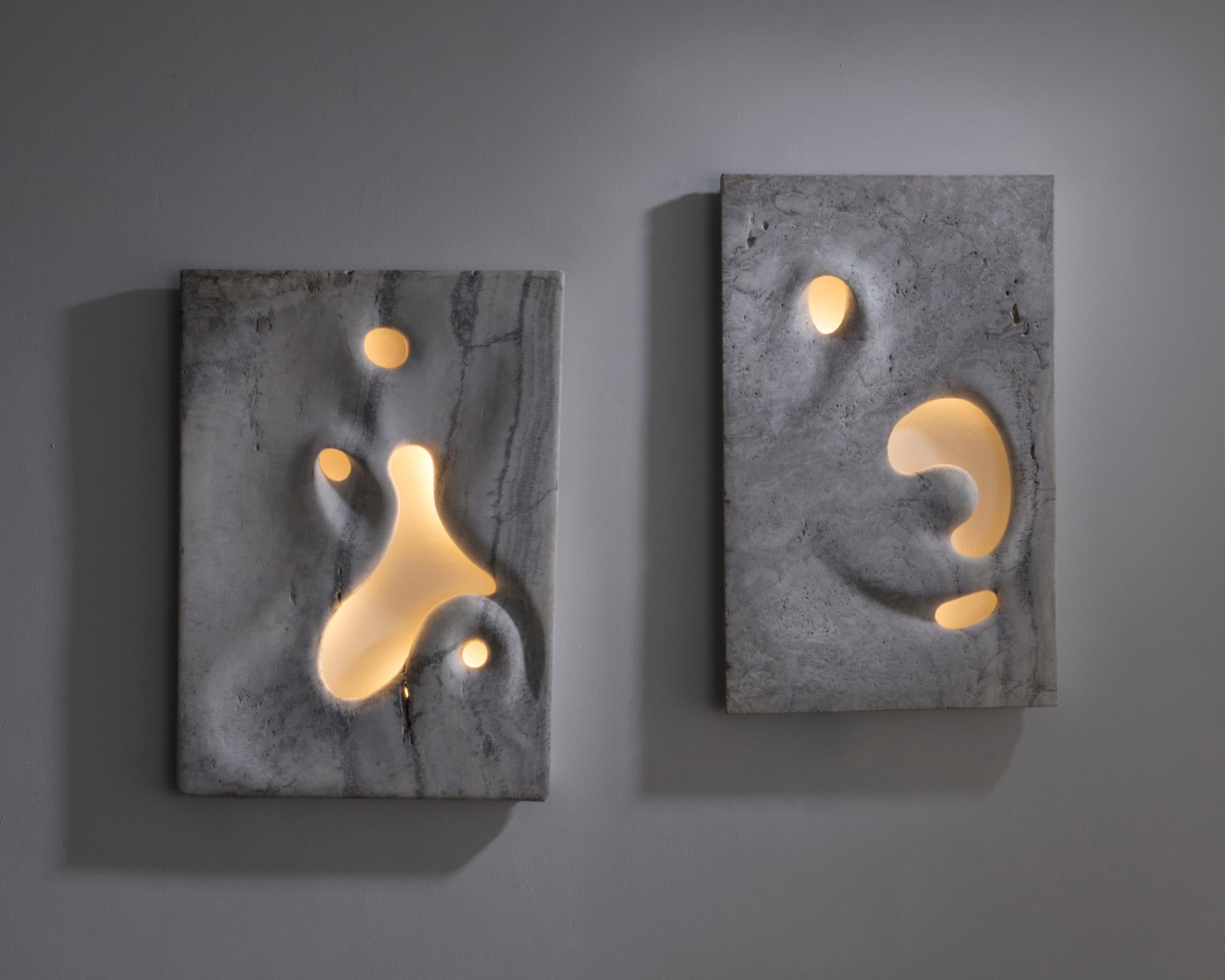 Wall Mounted Illuminated Sculpture in White Travertine by Rogan Gregory, 2016 1