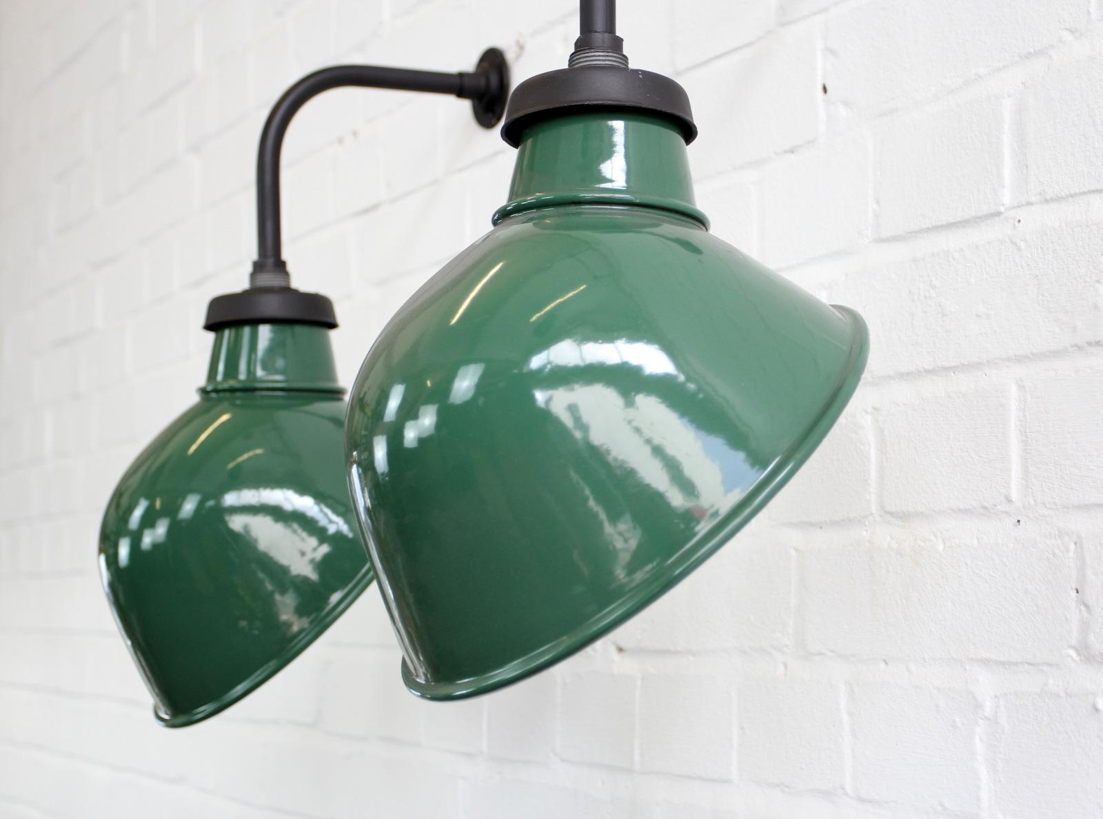 Wall-mounted industrial lamps by Crossland, circa 1950s

- Price is per light (16 available)
- Vitreous green enamel shades
- White enamel inner reflector
- Takes E27 fitting bulbs
- The lights wire directly into a wall feed
- English, Circa