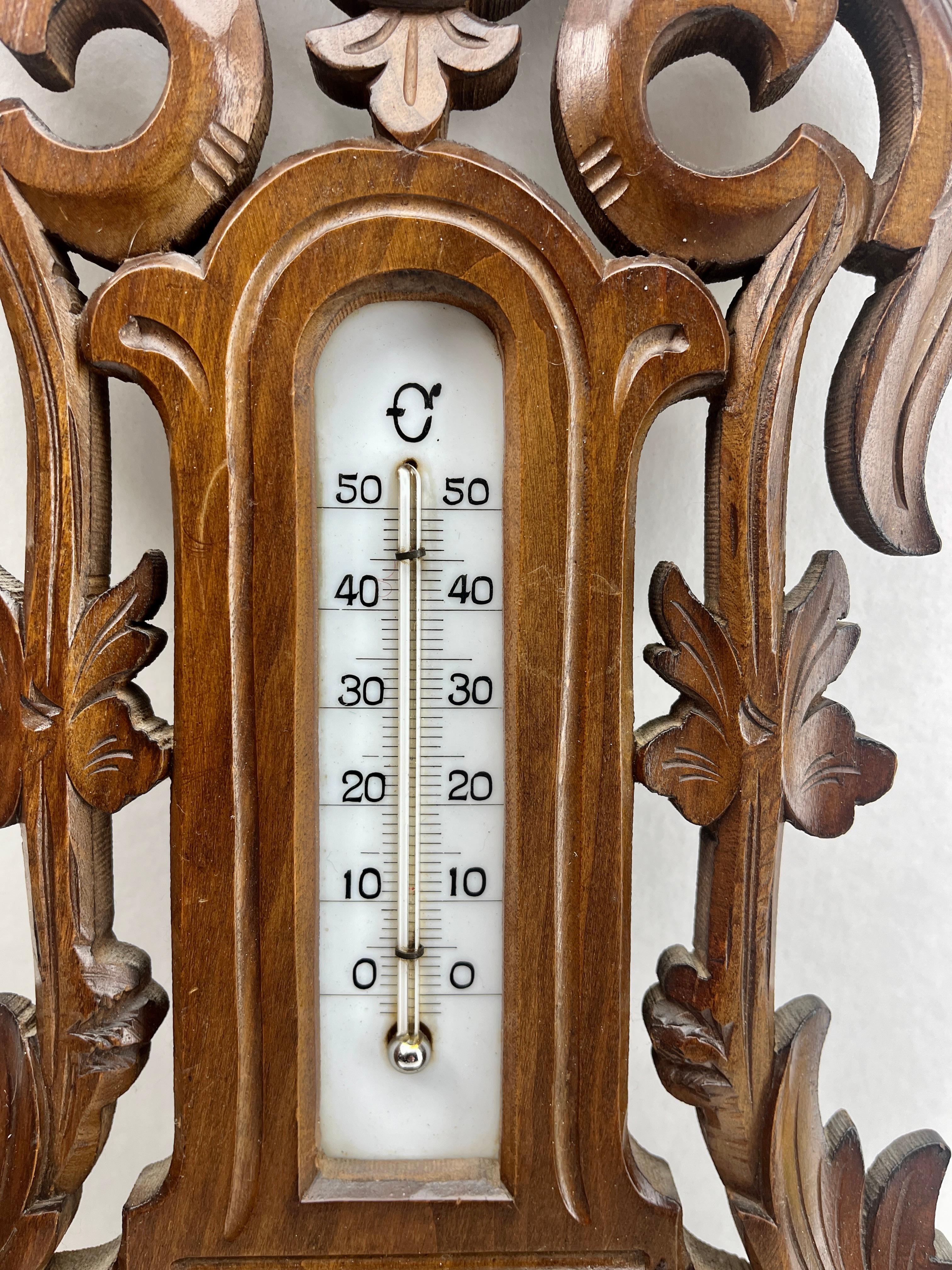 Wall-Mounted Large Weather Station in Art Nouveau Style Carved Walnut Belgium For Sale 4
