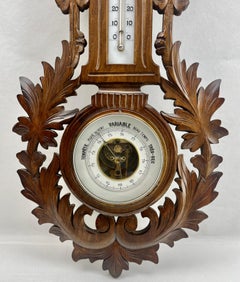 Große Wand-Wetterstation im Jugendstil aus geschnitztem Nussbaumholz Belgien